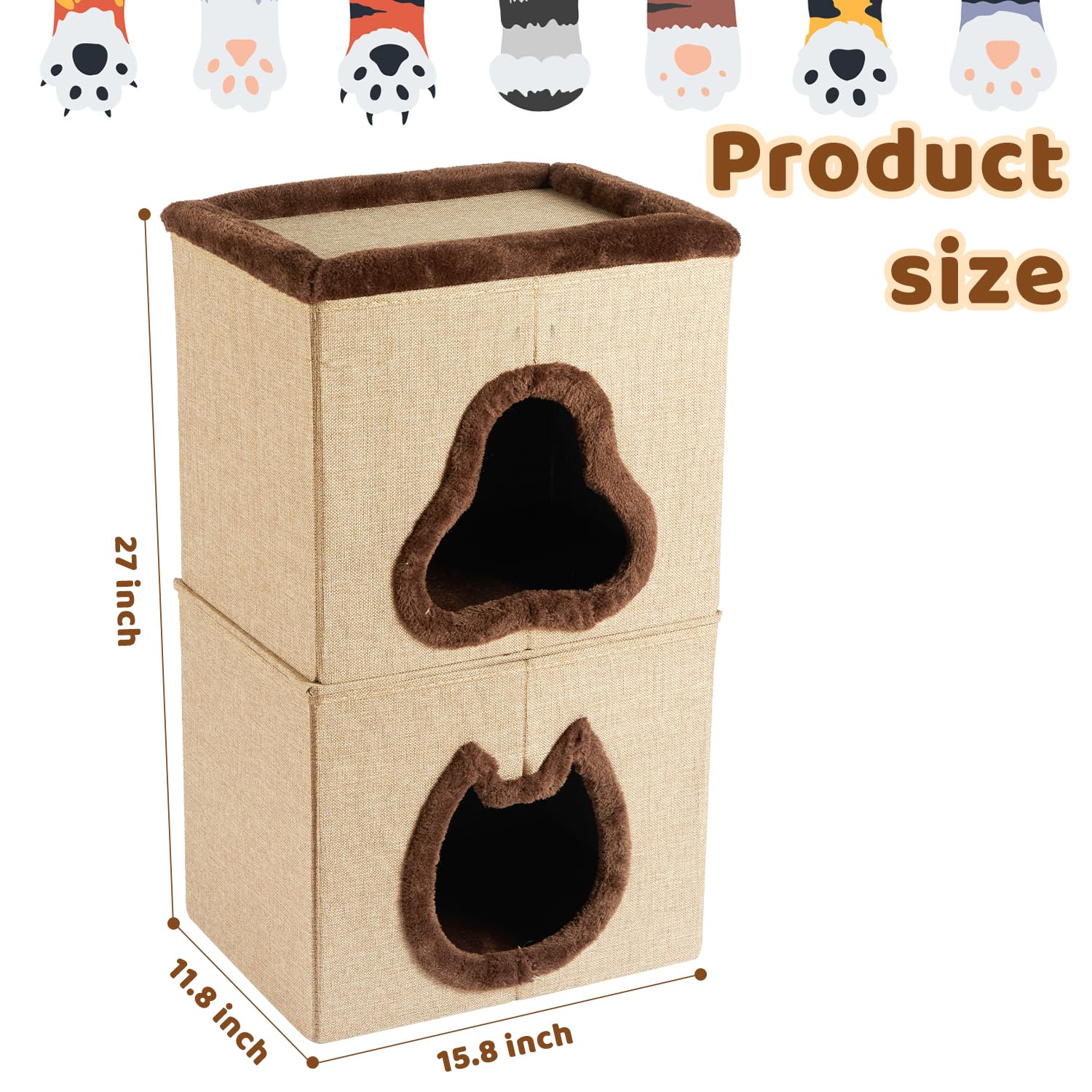 2-Tier Cat House for Indoor Cats Bed, Covered Cat Beds with Hideaway Cave and Scratch Pad, Foldable Modern Cat House for Multi Small Pet Large Kitten Kitty