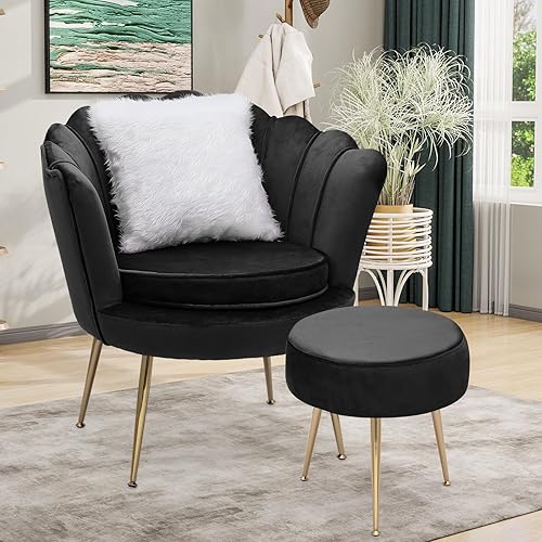 Miniatura 4 de Magshion Moderno sillón tapizado de terciopelo con respaldo festoneado con patas doradas y almohada suave para sala de estar, cómoda silla de