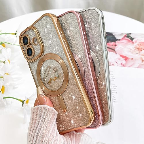 Vista 147 de Fiyart - Funda transparente magnética con purpurina para iPhone 12 para mujeres, con grabado "Love" metálico, protección para cámara y antigolpes