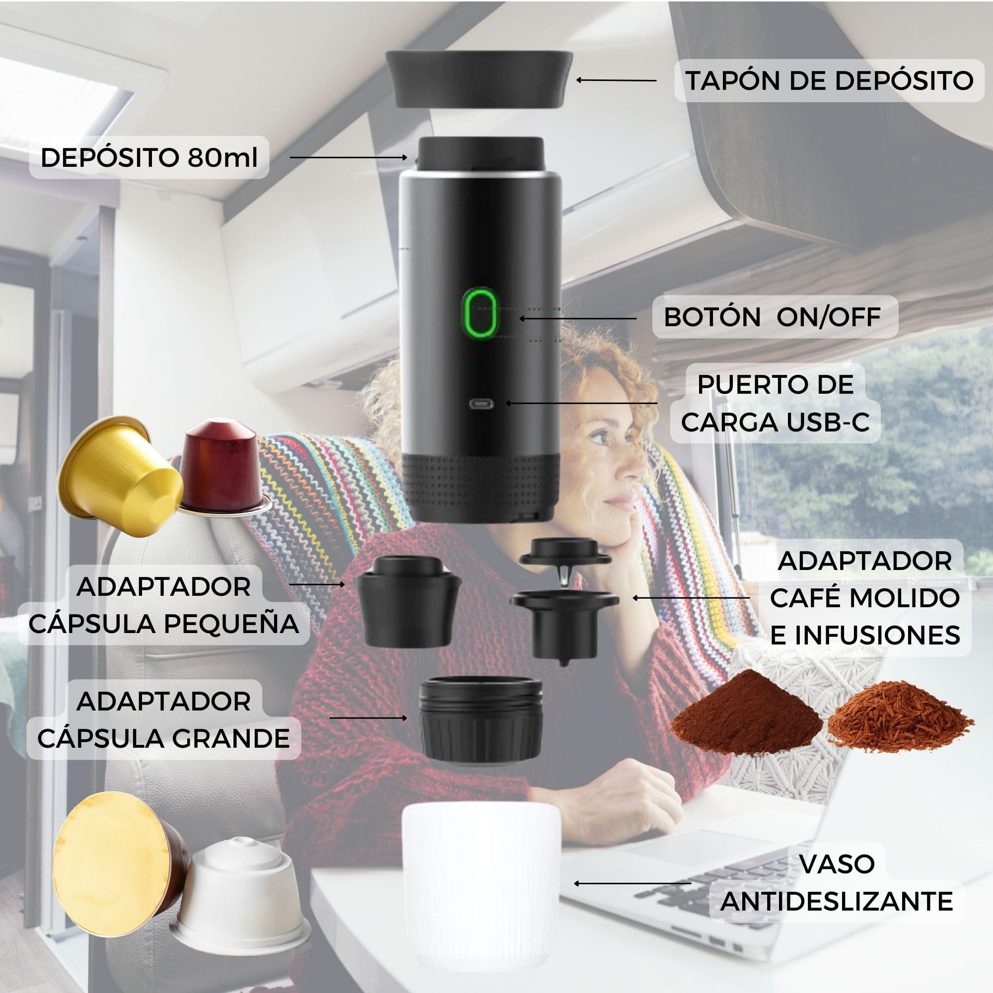 Cafetera Portatil Capsulas, Cafetera Multicapsulas y Molido, Maquina de Cafe, Cafetera Capsulas Portatil, Calienta Agua Batería Recargable USB, Ideal Viajes, Camping y Oficina