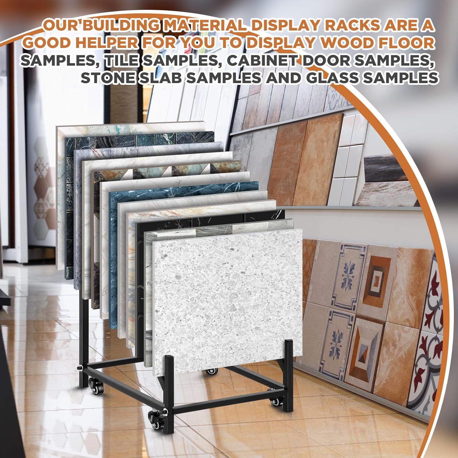 12-tier Tile Display Rack Metal Porcelain Sample Display Stand with Wheels Floor Tile Organizer Holder Building Material Samples Display Shelf for Exhibition Craft Fair Display Supplies