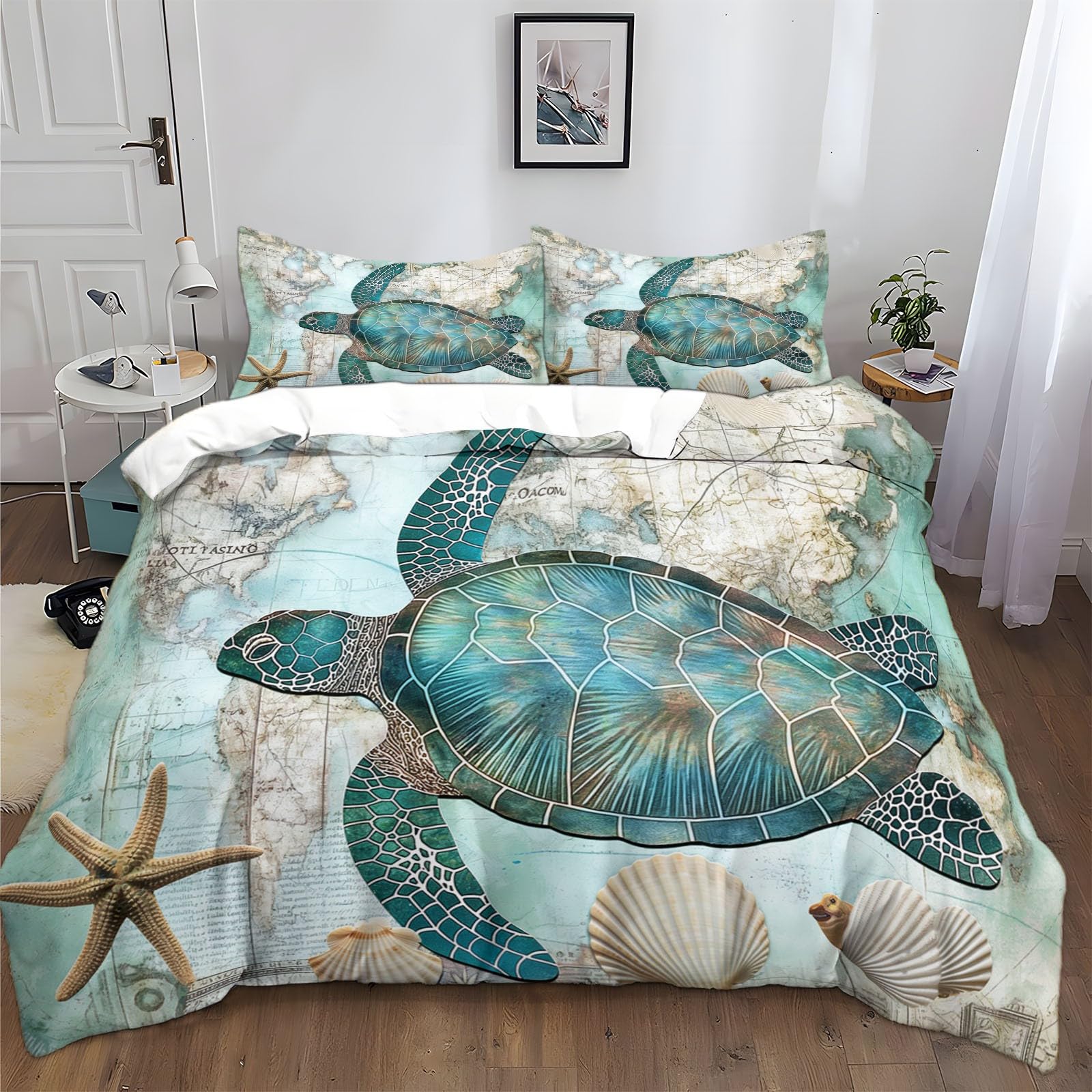 Parure de Lit 3 pièces Tortue De Mer en Microfibre Douce avec Fermeture éclair