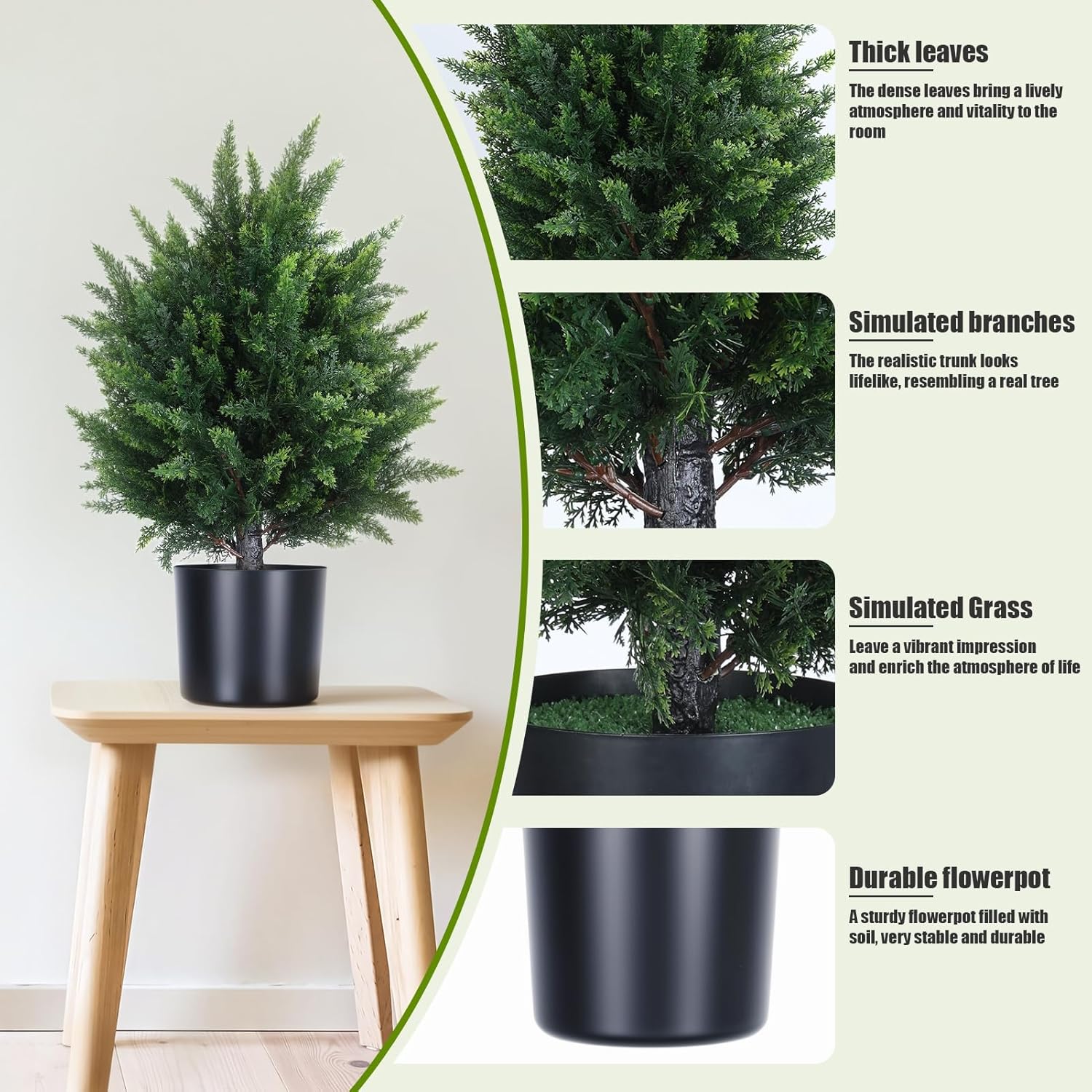 2Pcs Fake Shrubs,21.6 Inches Simulated Cypress Bonsai, Artificial Cypress Ball Tree, Faux Potted Plants Artificial Shrubs Bushes with Cement Pot for Home Front Porch Decor Green
