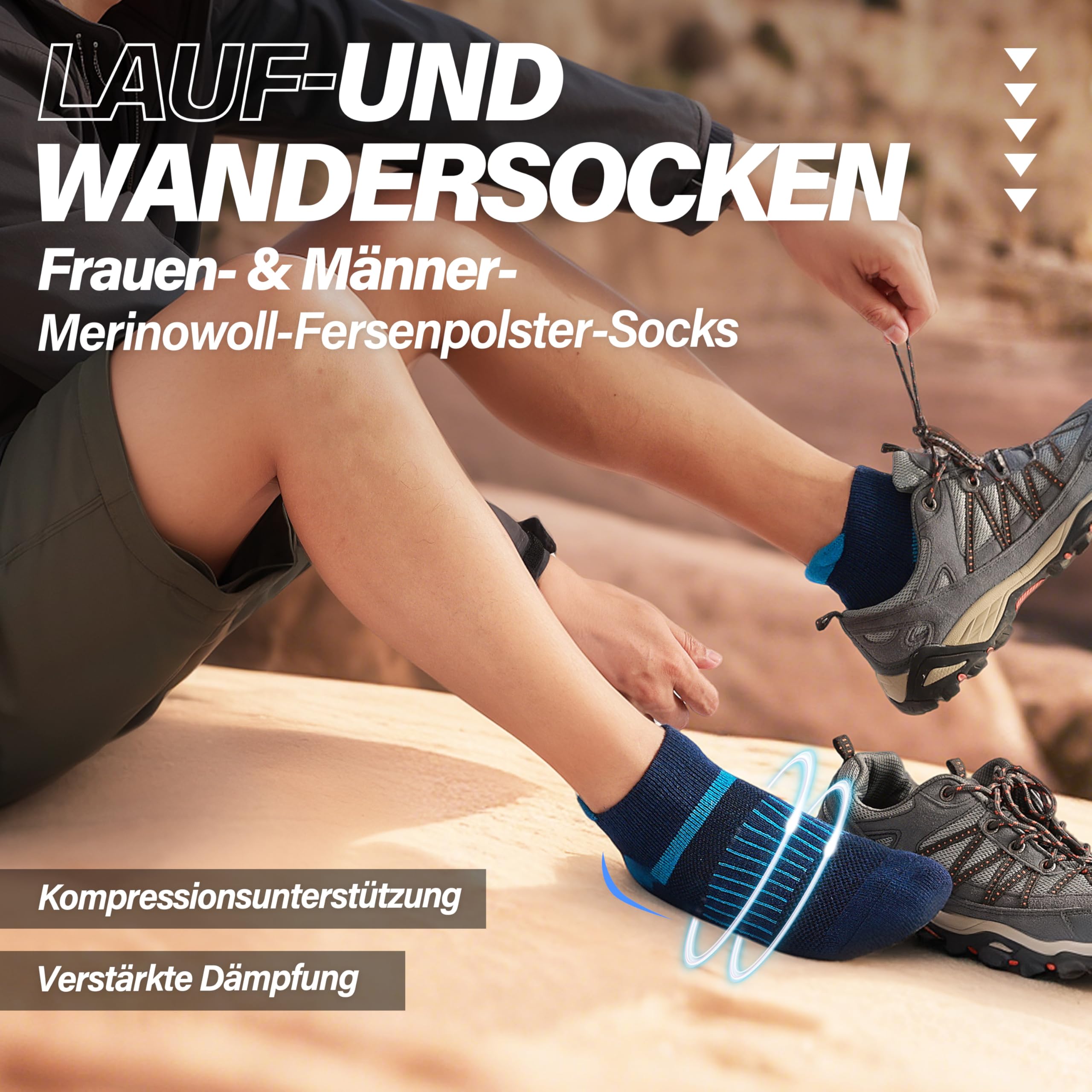 MOSEY KOSY Merino Kurz Wandersocken Sneaker Socken, Warme Wolle Laufsocken, Kompressions Sportsocken Thermosocken Wollsocken für Herren Damen 6 Paar