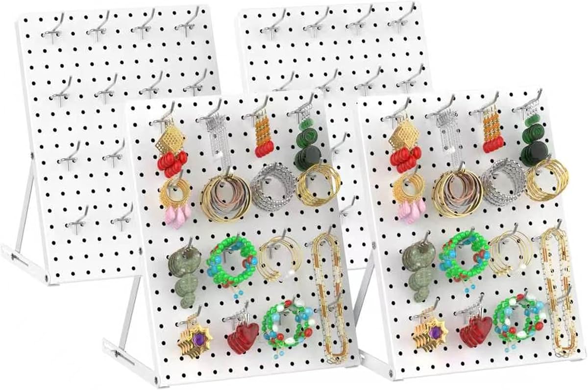 4 Pack Pegboard Display Stand, Sturdy Anti-tip Design,Small Peg Board Tabletop with 48 Hooks, Adjustable Metal Peg Board for Vendor Display, Craft Show, Jewelry Display 16''X12'' – White