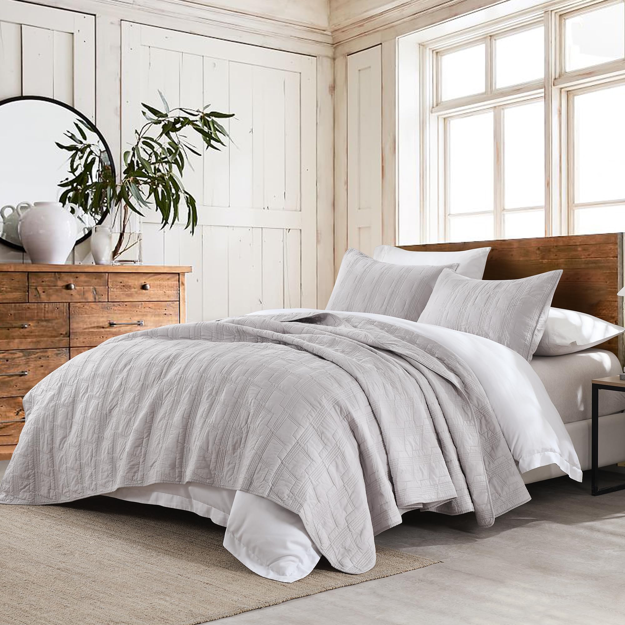 HORIMOTE Light Grey 100% Cotton Quilt Set, Twin Size Geometric Sham