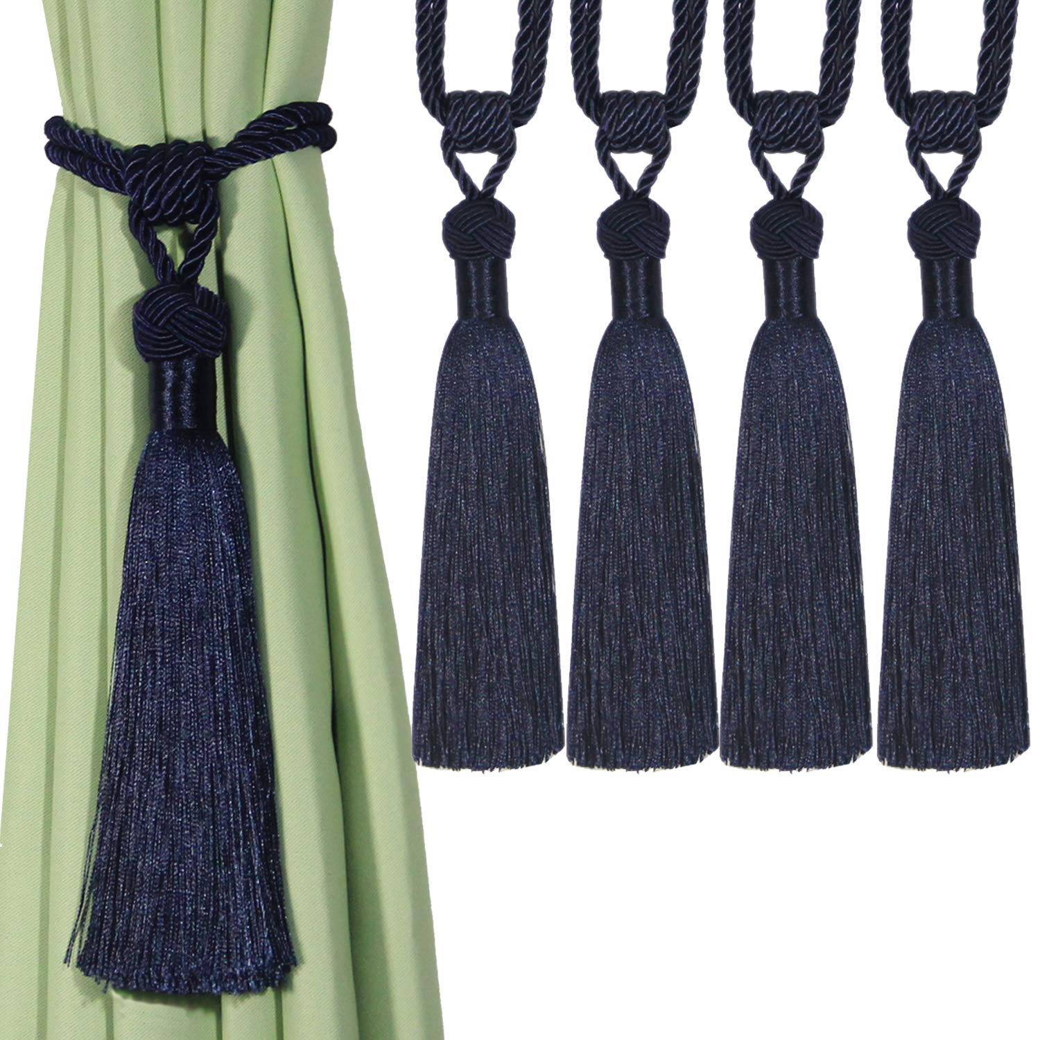 Tassel Curtain Tiebacks， Braided Rope Curtain Tiebacks Decorative Tassels Multicolor 2/4 Pcs(Navy,4pcs)