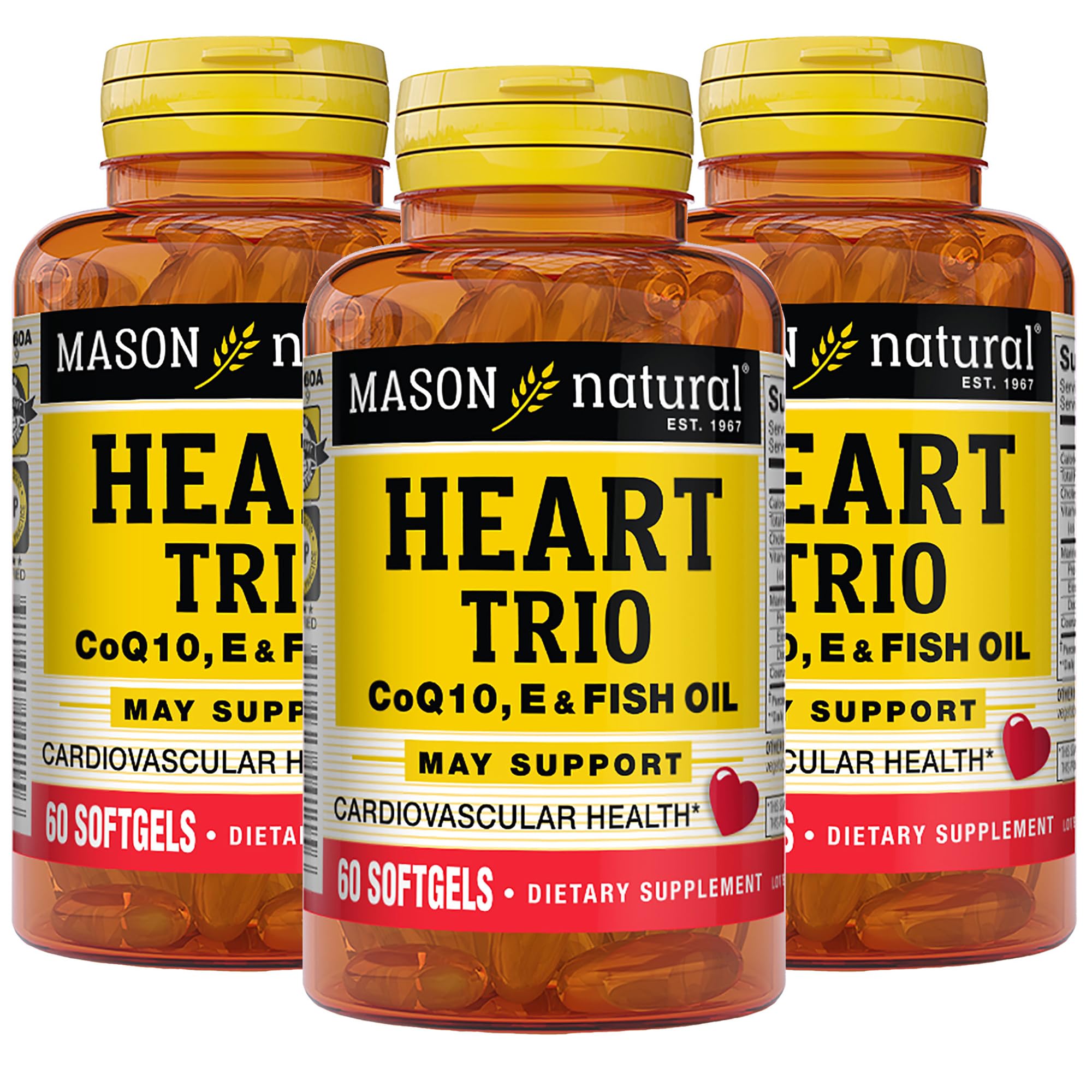 MASON NATURAL Heart Trio,Co Q10, Vitamin E & Fish Oil, 3 Month Suppy, Supports Normal Heart Health, 3 Pack 180