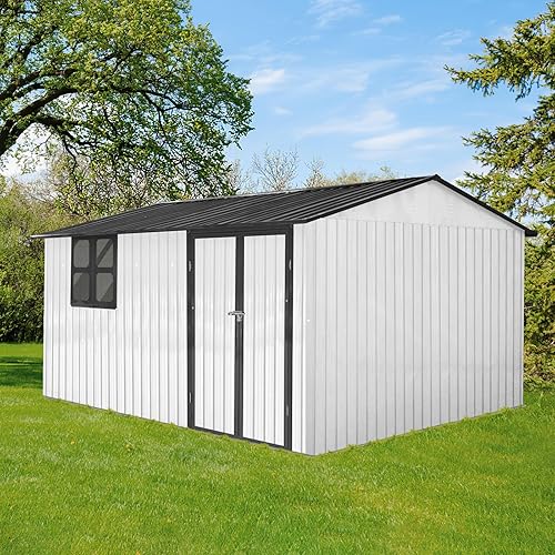 10x12 FT Outdoor Storage Shed, Large Metal Garden Shed with Window & Hinged Door, Upgraded Outside Tool Shed with Foldable Worktable & 2 Shelves, Waterproof Storage Building for Backyard, White+Black