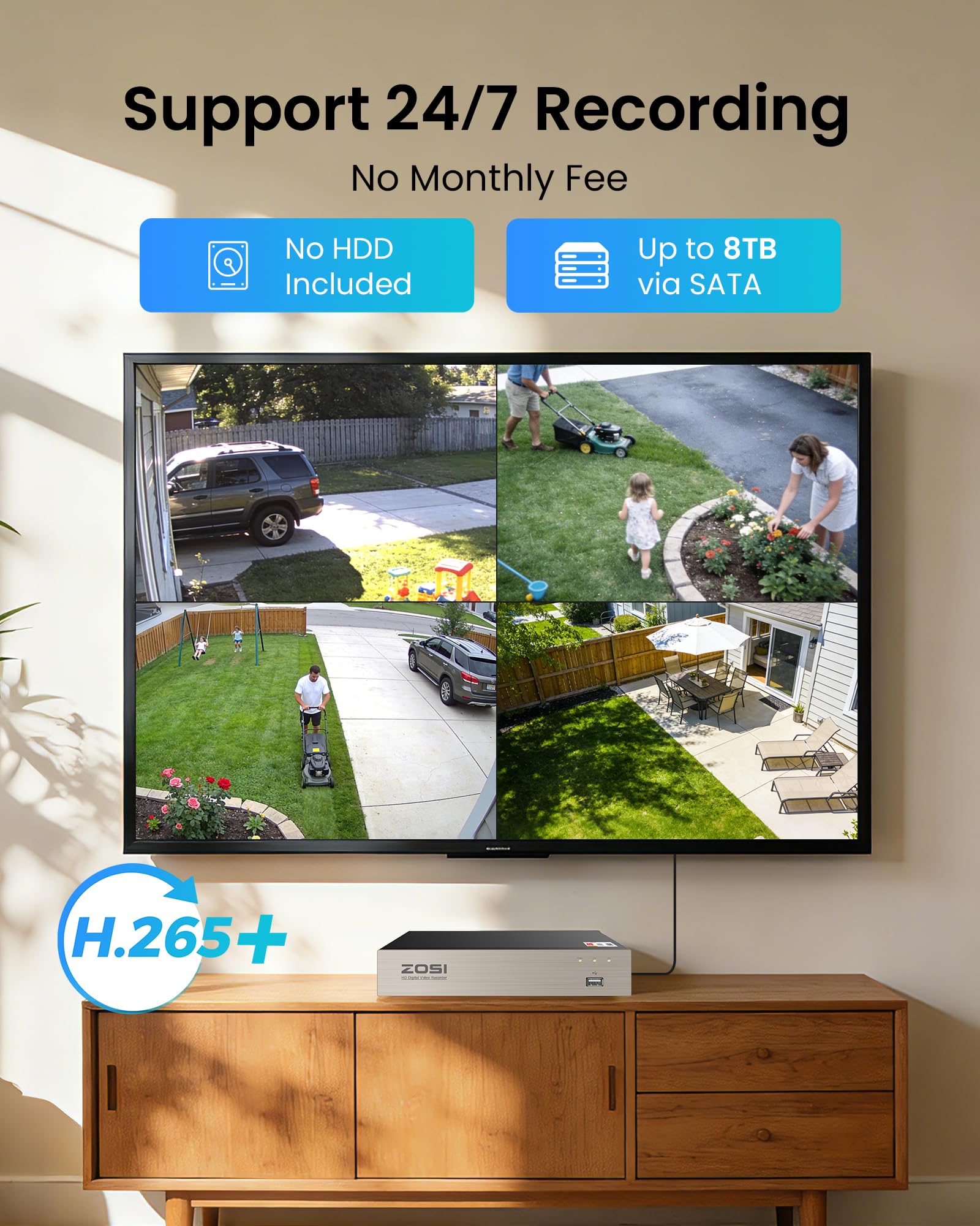 ZOSI 1080P Außen Video Überwachungskamera Set, 8CH H.265+ DVR ohne Festplatte und 4X 2MP 1080P Domekameras, KI Personen- und Fahrzeugerkennung, IR Nachtsicht