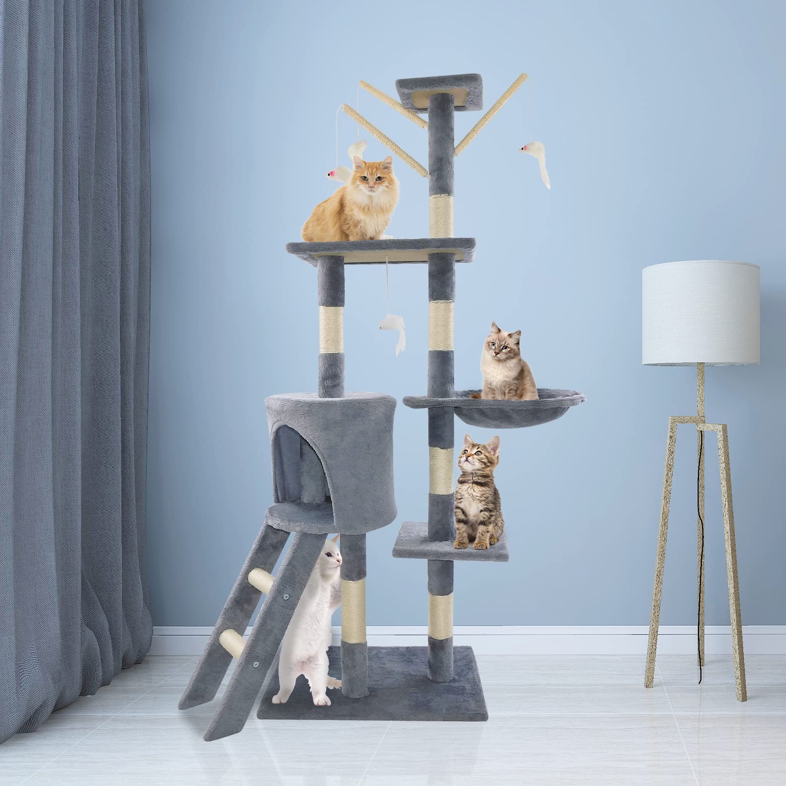 Cat Tree Scratching Post, Stable Structure KittenActivity Centre Pet Toy Scratcher, Tall Cat Furniture Climbing Tower for Indoor Cats, Grey