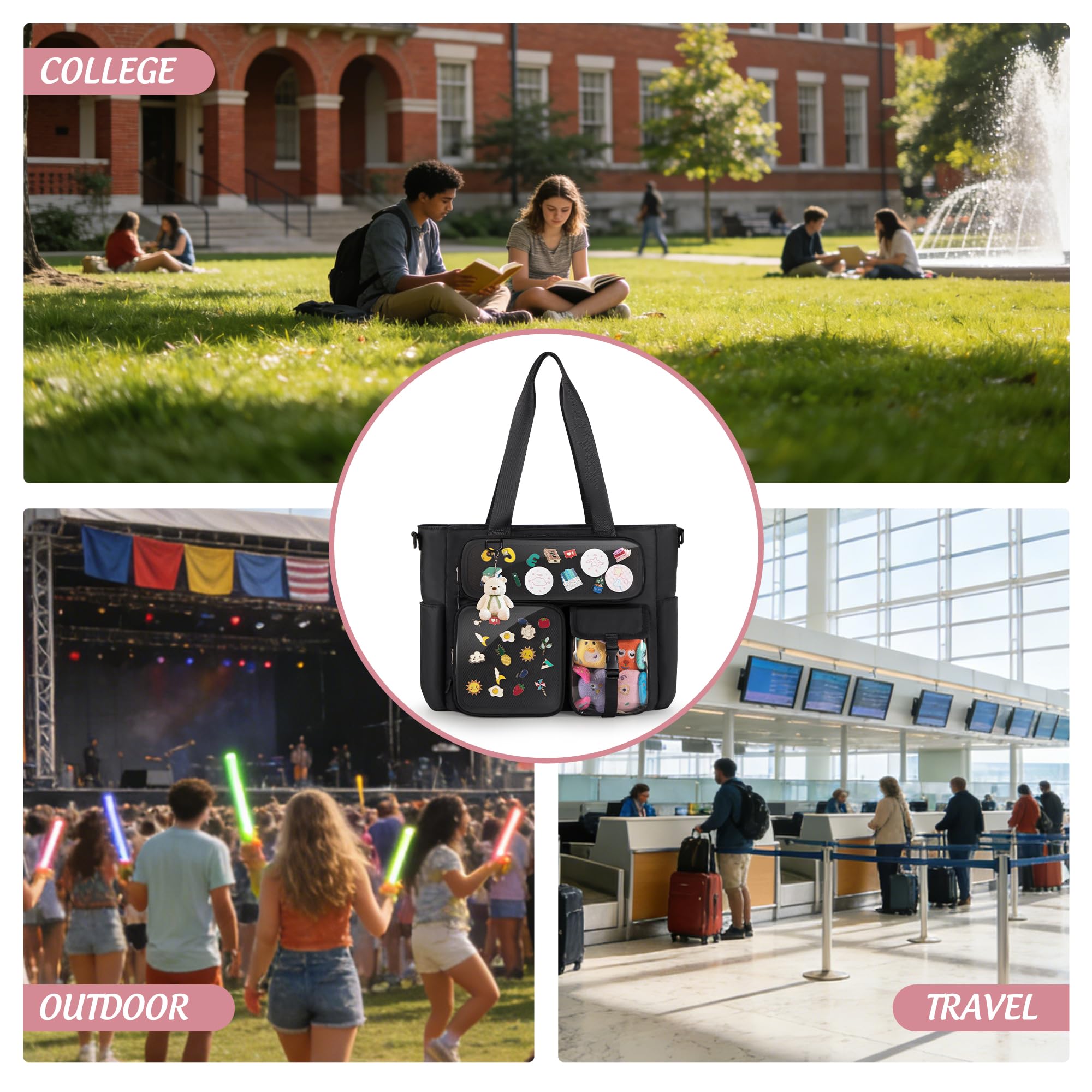 Große Ita Tasche mit 3 Fächern & 2 Einlagen Kawaii Ita Tragetasche zur Pin-Präsentation für Anime & K-Pop Fans, Vielseitige Umhängetasche, Schwarz (Pins NICHT Enthalten)
