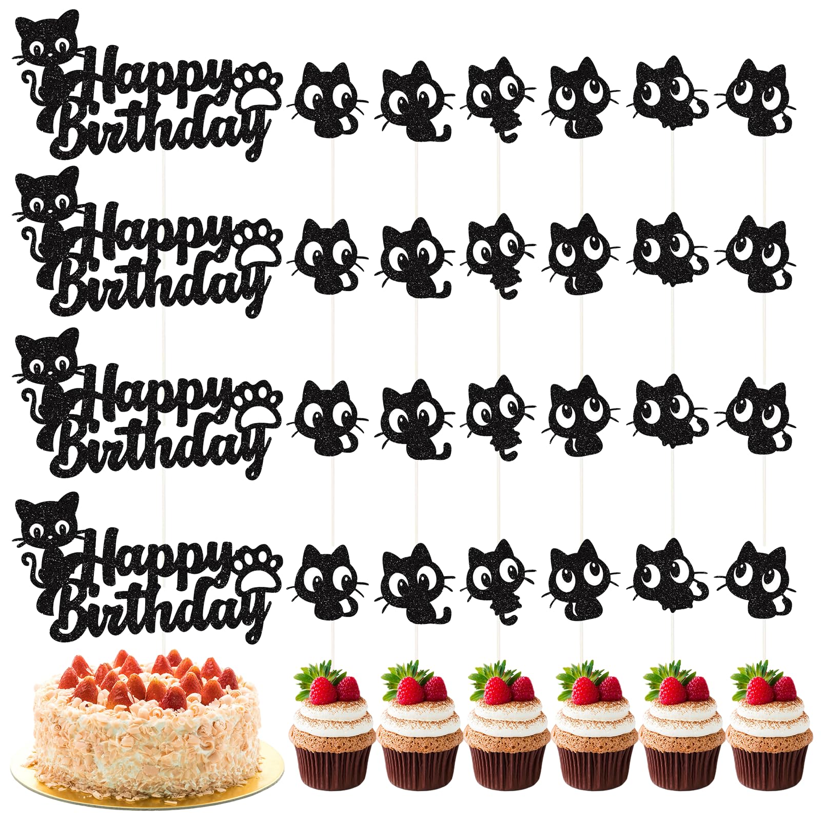 25 Cupcake-Topper Mit Katzen-Motiv – Schwarzer Glitzer, Für Katzenliebhaber-Partys – Inkl. Tortenaufsatz, Aus Karton