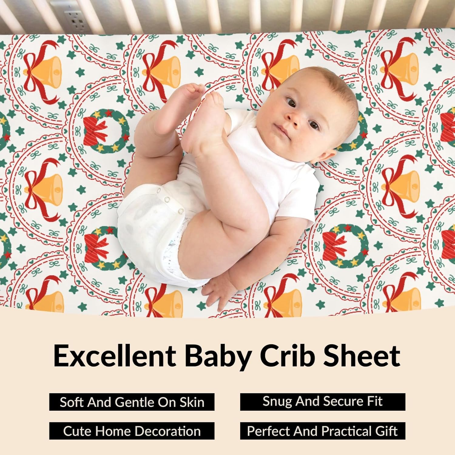 Christmas Bows Fir Wreath Baby Crib Sheets Christmas Ring Bells Toddler Bedding Festive Winter Bed Sheets Fitted Crib Mattress Cover Fits Standard Crib Mattress 28x52 in