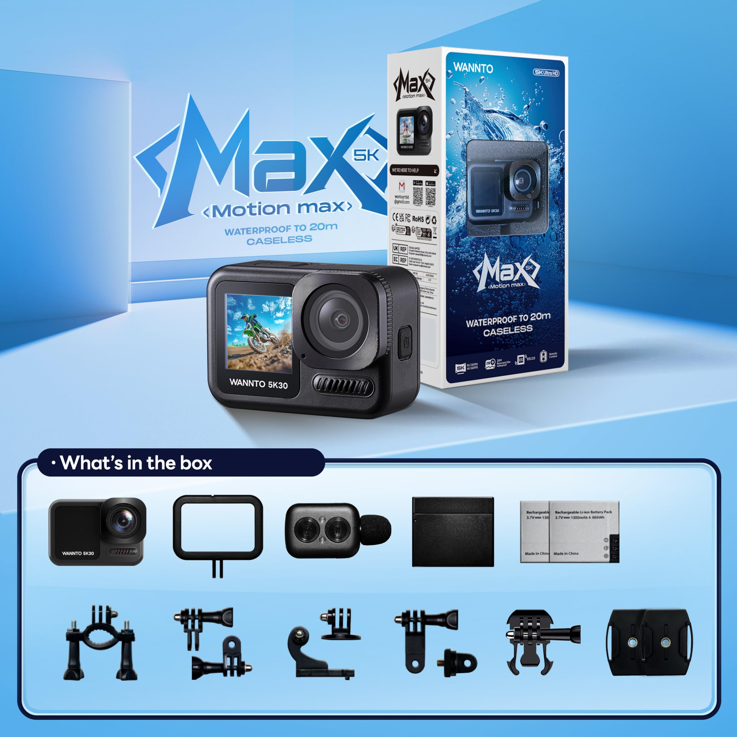 Cámara Deportiva Motion MAX 5K 30MP, IPX8 20M Impermeable, WiFi, EIS, Pantalla Dual, Micrófono Inalámbrico 2en1, Control Remoto, 2 Baterías 1350mAh (Motion MAX)