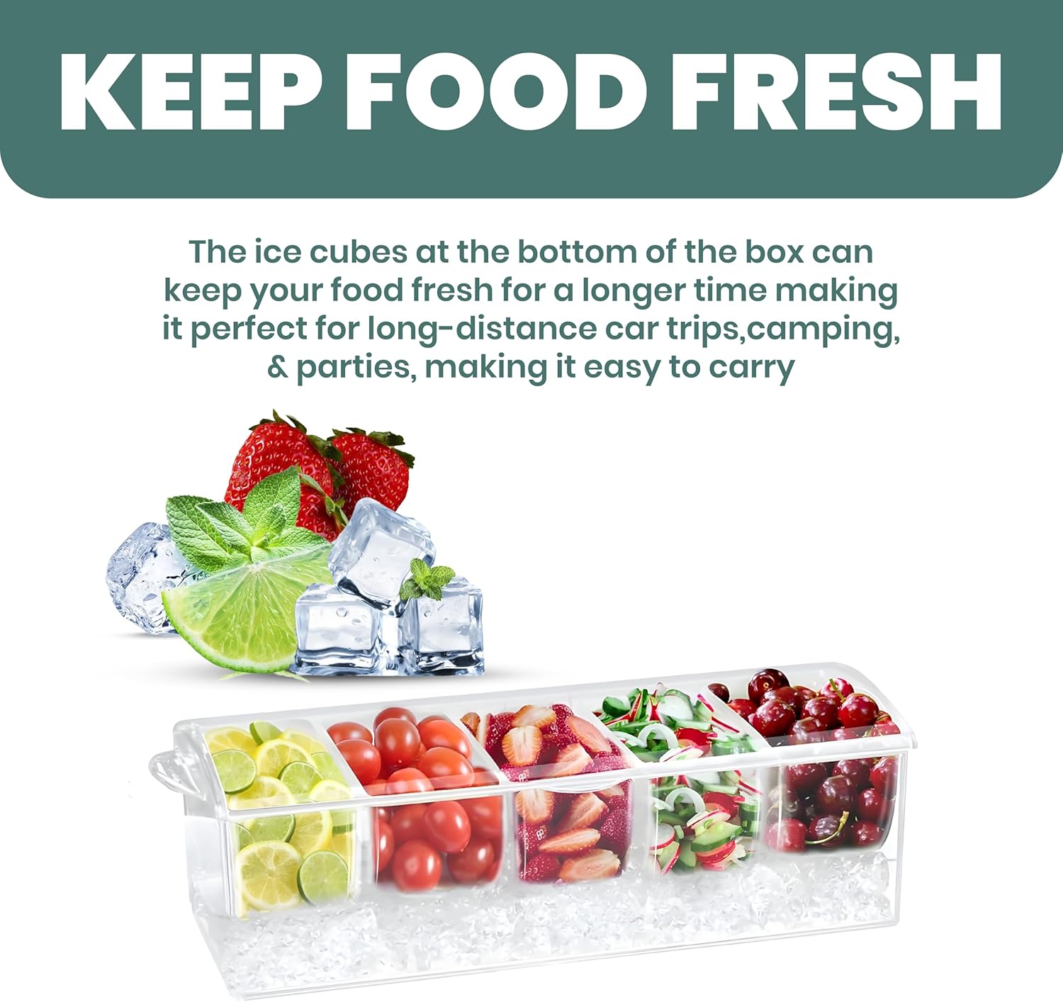 Large Ice Chilled Condiment Server Caddy with 5 Removable Compartments (2.5 Cup), Clear Garnish Tray with Lids – Fruit, Salad, Taco, Bar Platter – Including Free Stainless Steel Accesories - Image 3