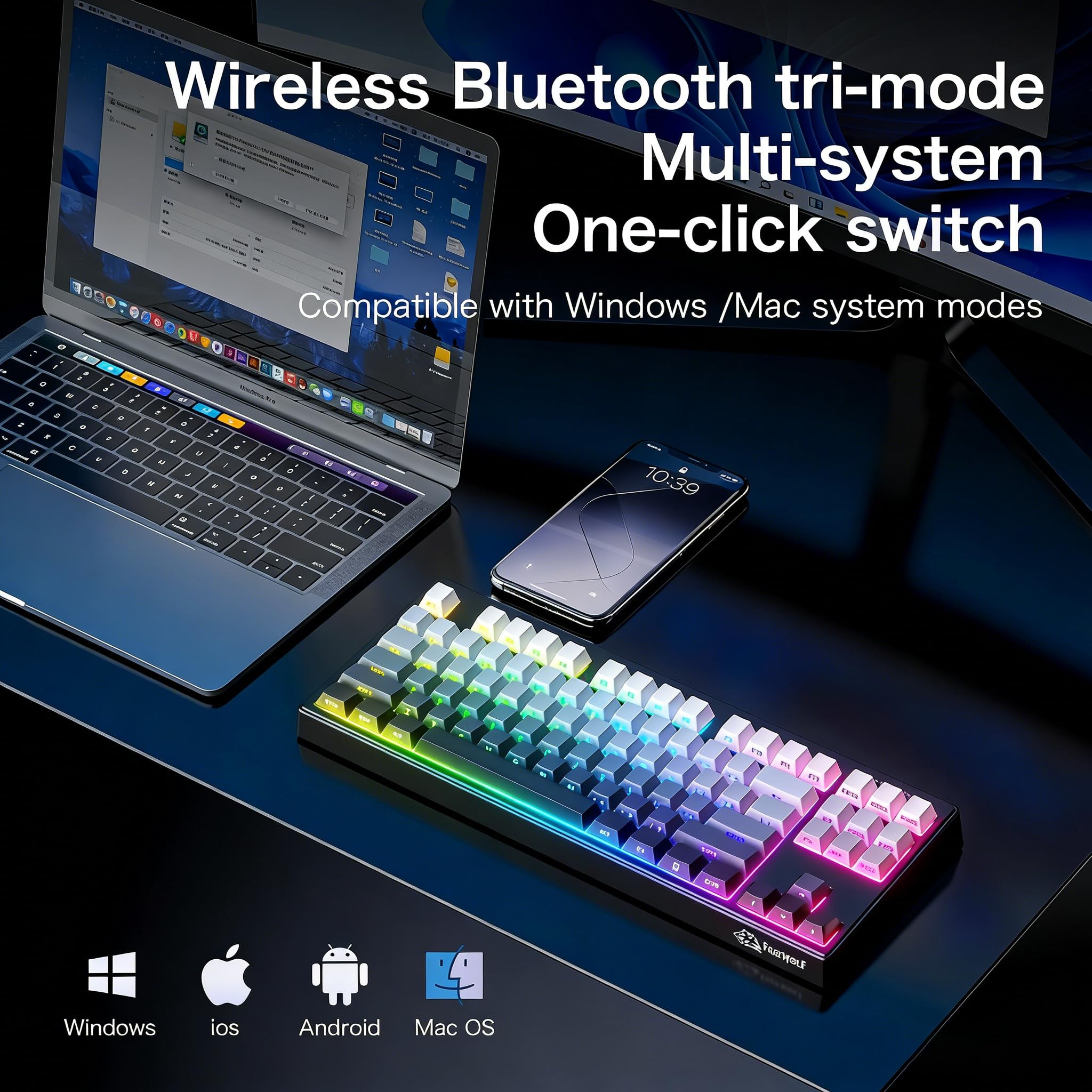 ZIYOU LANG M87V2 Triple-Mode Gaming Keyboard - Wireless, Bluetooth, Wired, RGB Backlit, Soft Silicone Quiet Switches, Side-Lit Keycaps, 4000mAh Battery, 87-Key Compact Layout - 4