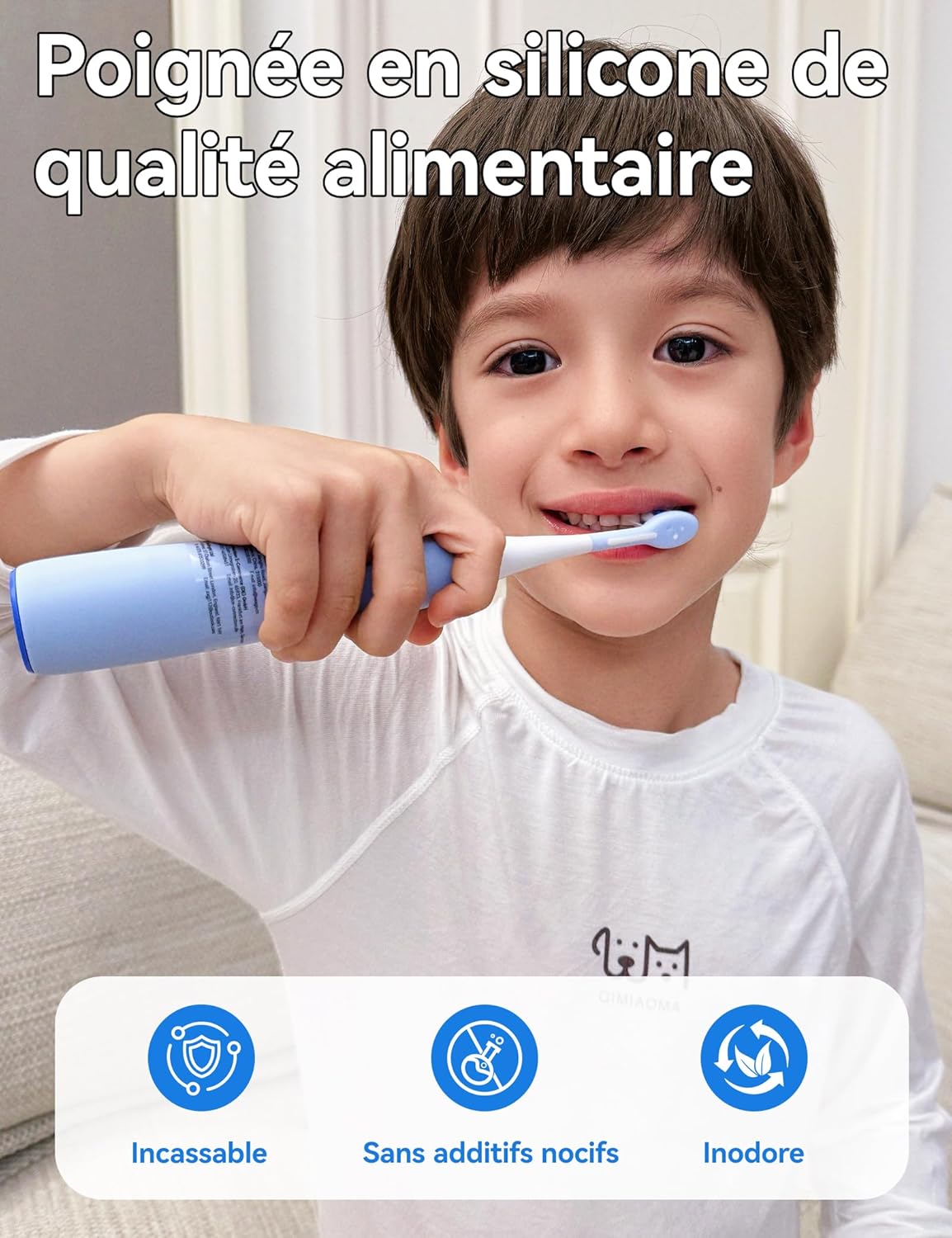 SEAGO Kids Electric Toothbrushes for Ages 5-8 with 2 Sizes Soft Brush Heads, Soft Silicone Handle, 2-Min Timer, IPX7 Waterproof, 35000VPM, Rechargeable 70 Day Battery Life with Charging Base (Blue)