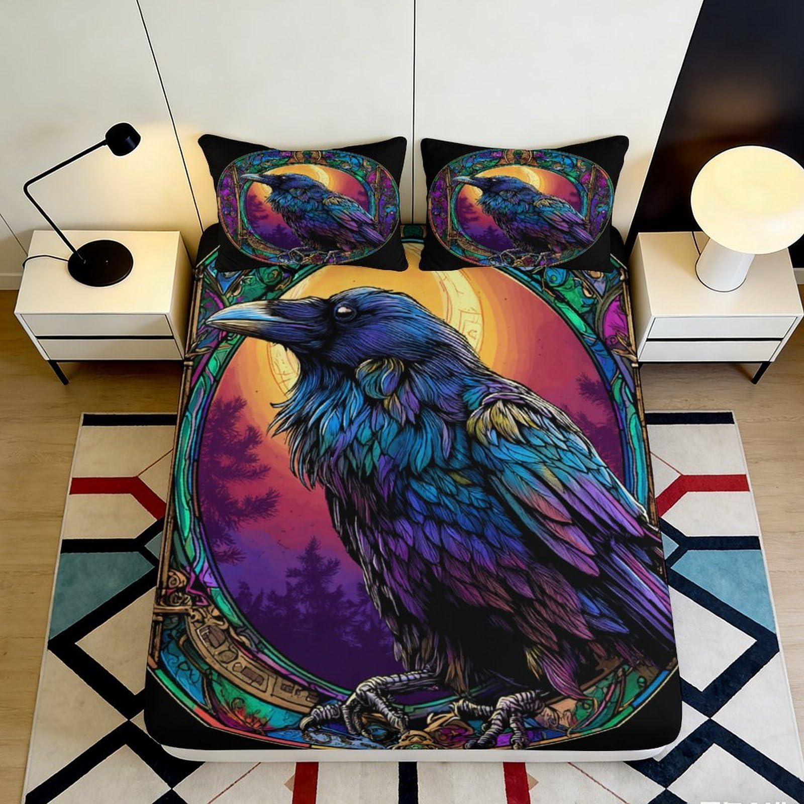 3D Printed Raven Fitted Sheet Microfiber Deep Pocket Non-Slip Bedroom Bedding Raven Mattress Fitted Cover Washable 200x200x25cm 90x200x25cm