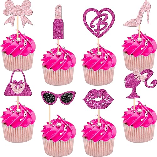 Miniatura 8 de 24 piezas de adornos de princesa para cupcakes con purpurina rosa para niñas, bolsos, lentes, lazo, lápiz labial, corbata de tacón alto,