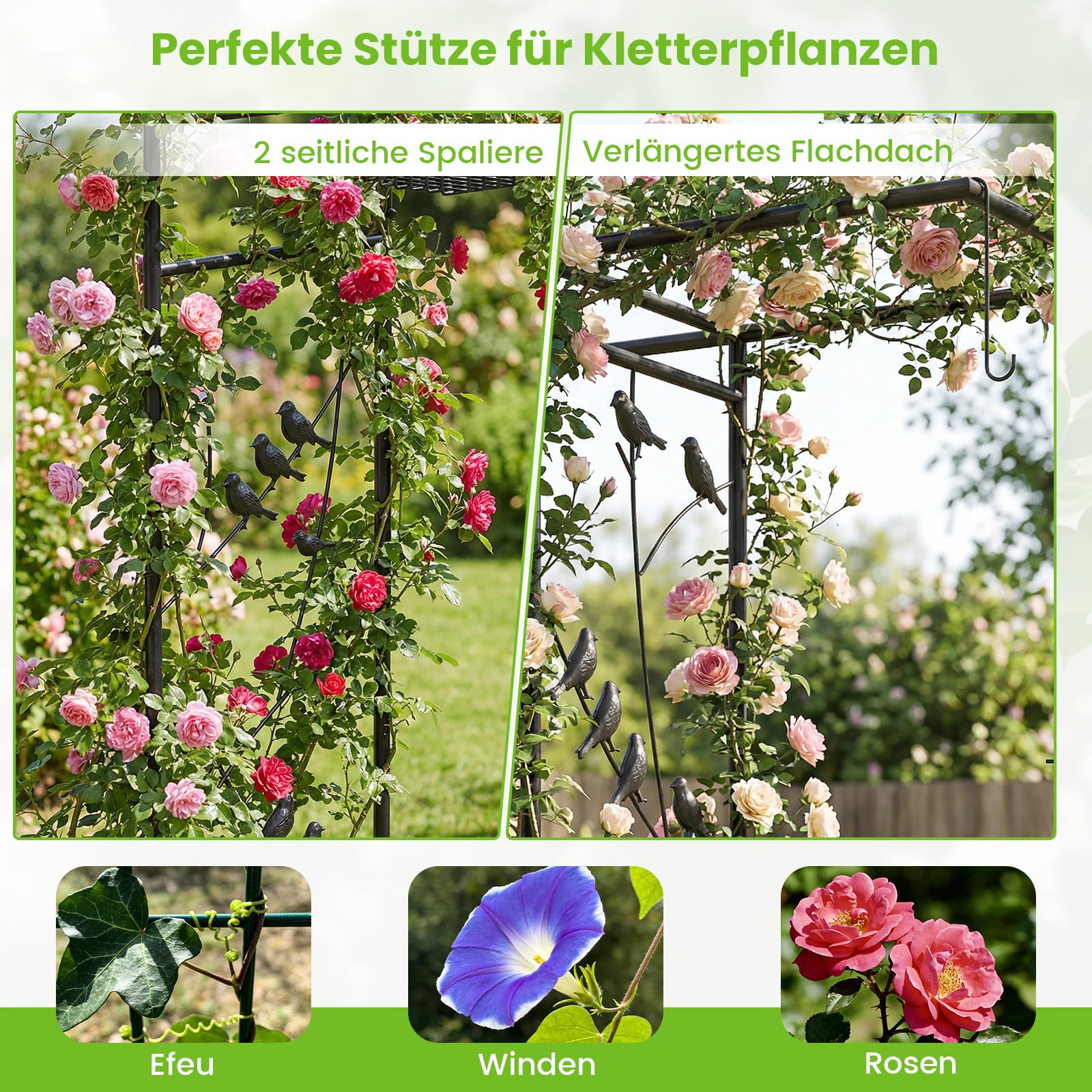 RELAX4LIFE Rosenbogen Metall, Gartenbogen mit Vogelfutterstation, Rosengitter für Kletterpflanzen & Wilder Vögel, Torbogen mit Wasserschale, Netzkorb, Haken, Garten Spalier, 212 x 40 x 213 cm, Schwarz