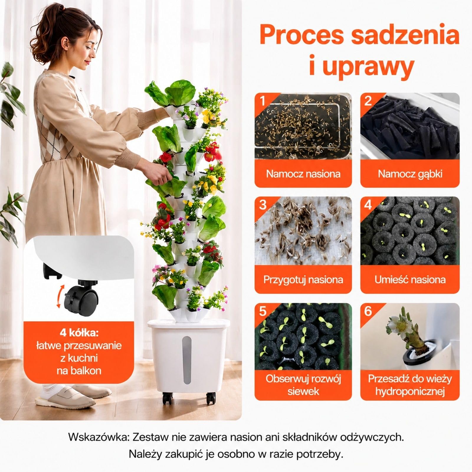 Pionowy system hydroponiczny z 50 miejscami do sadzenia, 10 poziomami, zbiornikiem na wodę 20 l, pompą wodną i kółkami, do ziół, owoców i warzyw w pomieszczeniach