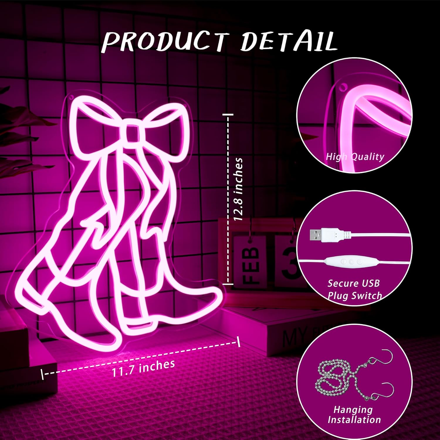 Cowboy Boot Neon Sign Bow Neon Sign LED Pink Cowgirl Boots Light Signs Wall Decor Aesthetic Western Wall Art Suitable for Game Room Country Parties Bow Decor Bedroom Bar Birthday Gift(12.8 * 11.7in)