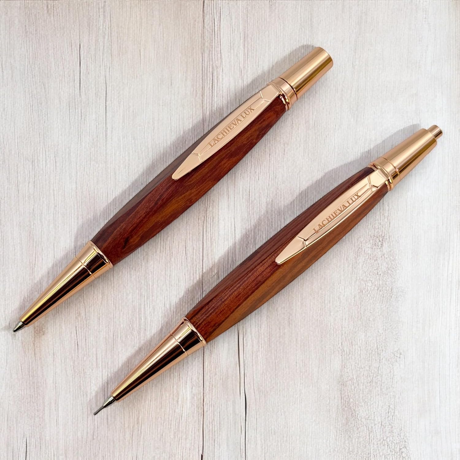 LACHIEVA LUX Rosewood Ballpoint Pen and Mechanical Pencil Set – Triangle Grip, Luxury Gift for Men and Women, Includes Refills and Gift Box