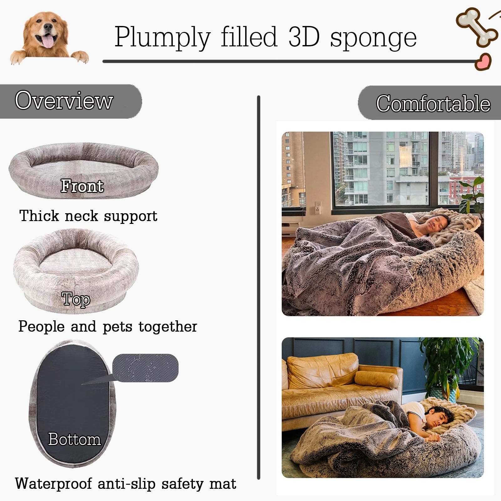 Legowisko dla psa, Ludzkie legowisko dla psa dorosłych, bardzo duże, nadające się do prania, i dzieci(Grey,Left)