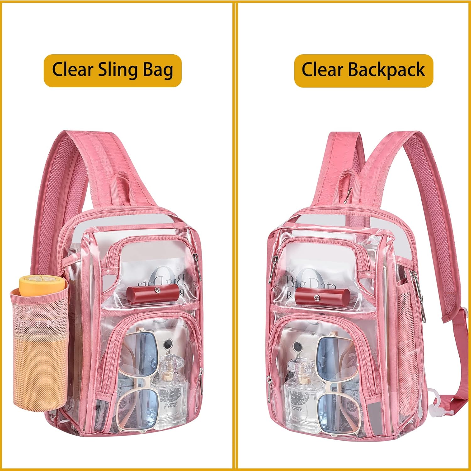 Clear Backpack Stadium Approved Sling Bag with Adjustable Reinforced Straps, 3 in 1 Crossbody Bag for Festivals and Games (Pink) - Image 3