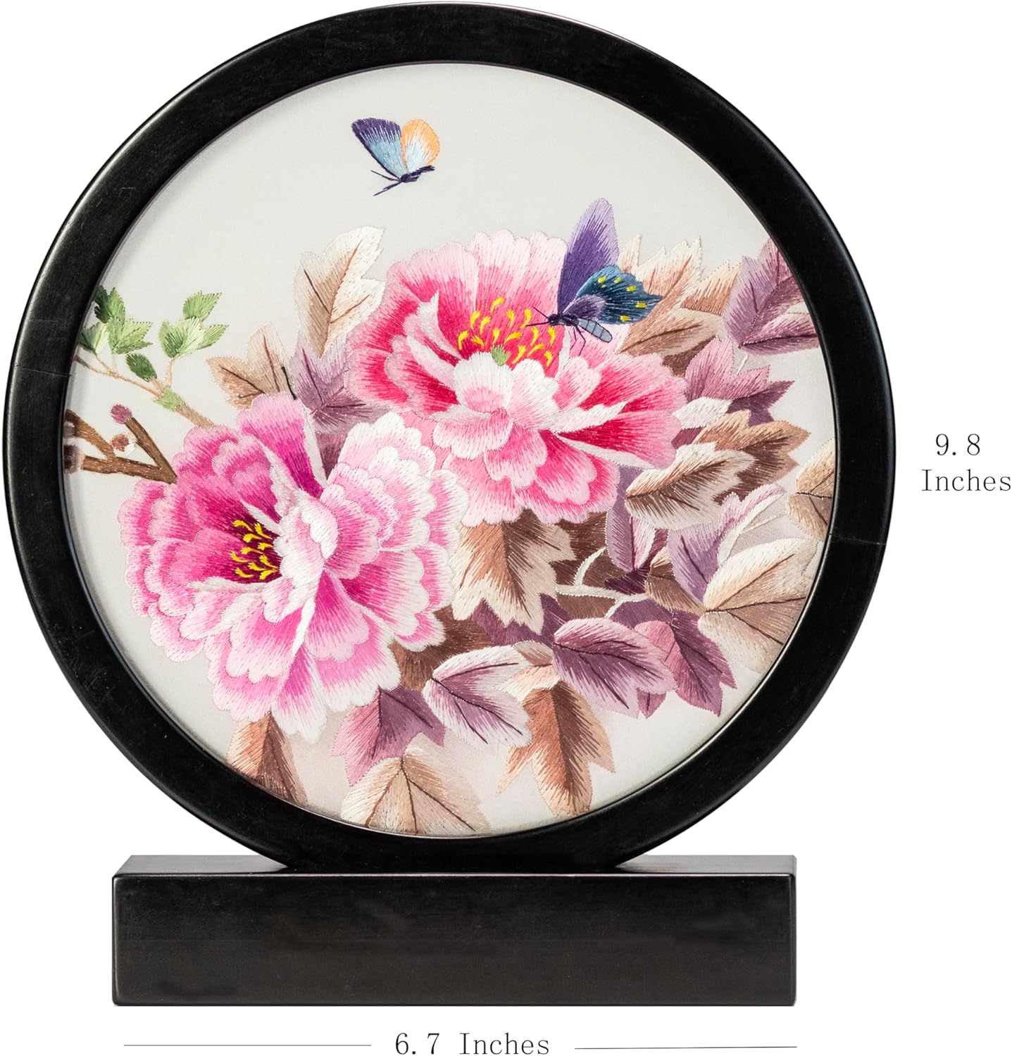 Ebherys Hand Embroidery Art, 8” Glass Round Screen for Desk Top, Handmade Silk Embroiery with Solid Purple SandalWood Frame, Two Sides with Same Pink Peony Image for Home and Office Decor (Peony)