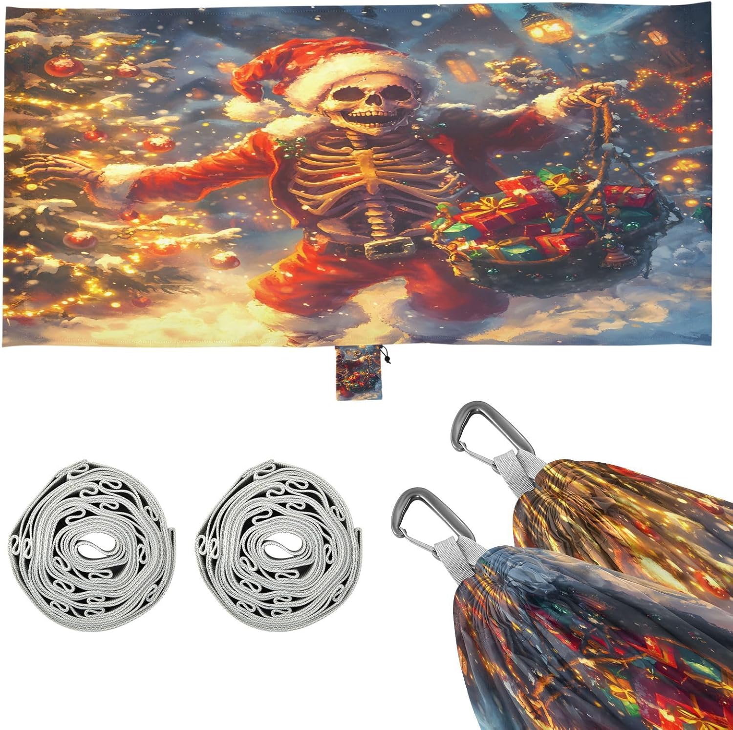 ALAZA Christmas Skull Camping Hammocks Single or 2 Person 500 lbs Portable Parachute Travel Hammock w/Tree Straps for Hiking Backpacking Indoor Outdoor