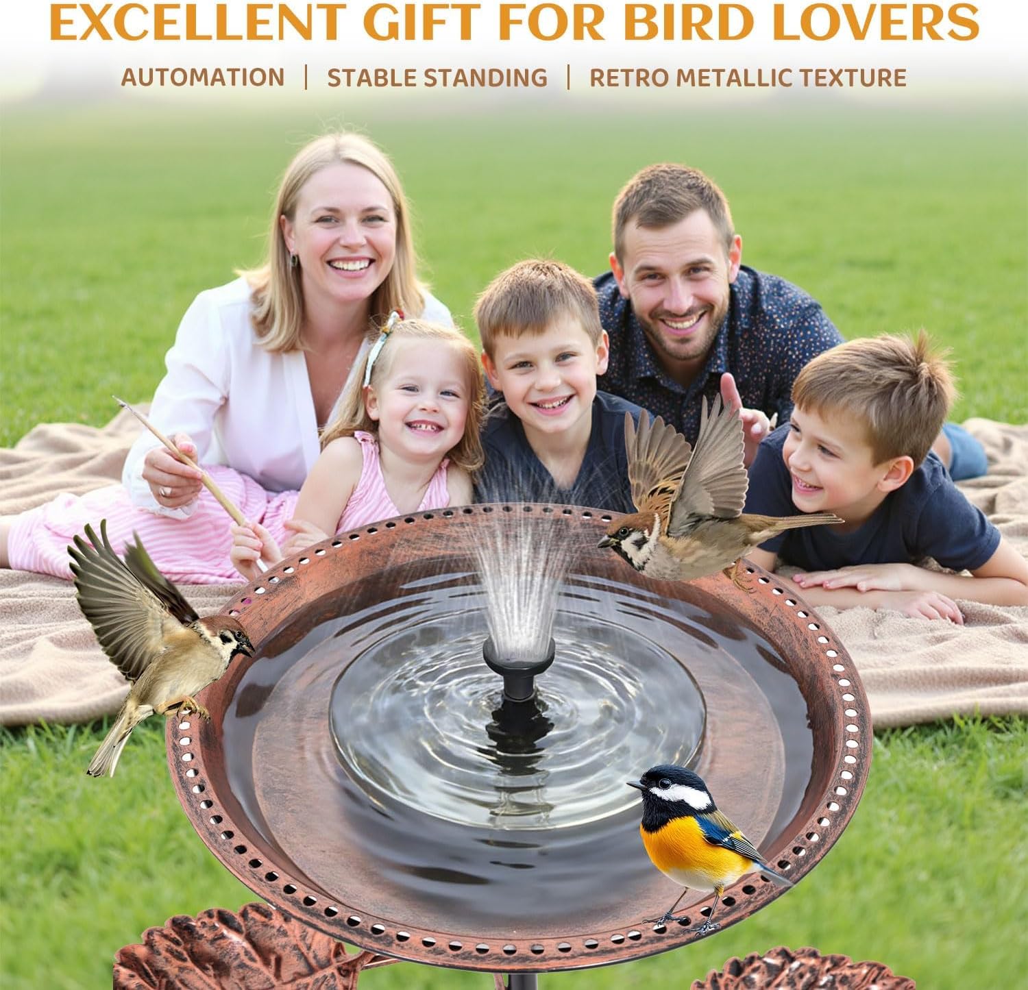 Metal Bird Bath for Outdoors, 12 Inch Rustproof Standing Birdbath with 2 Detachable Bird Feeder Bowls, Upgraded 5-Pronged Heavy Duty Base for Garden Yard Patio Lawn Decor (red Metal)