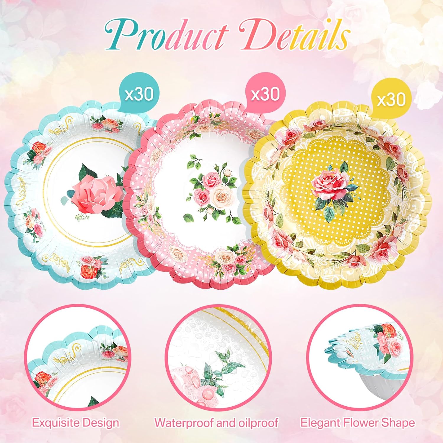 Domensi 90 Pcs Tea Party Paper Bowls 12oz Floral Vintage Soup Bowl Pink Blue Yellow Flower Disposable Food Bowls for Tea Party Wedding Mom Birthday Baby Shower Spring Holiday