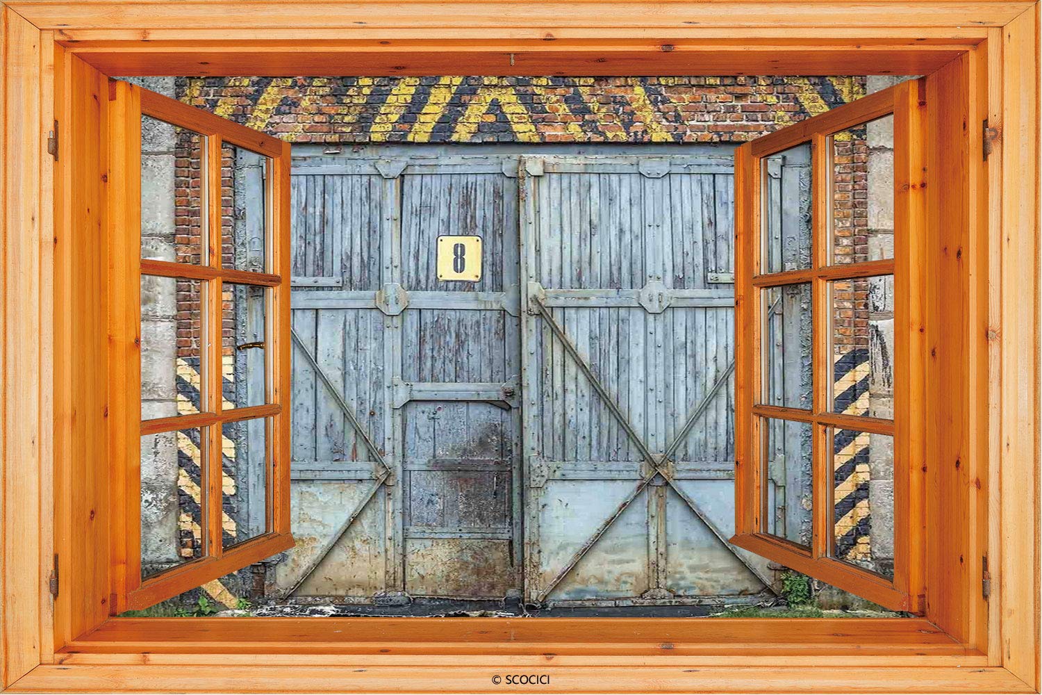 №24474 Wall Sticker/ Wall Mural, Modern Yellow Window Looking Out Into [ Industrial Decor,Old Aged Wooden Factory Gate With Warning Signs Industrial Change For Modern Techno Theme,Multi ] Wall Mural,