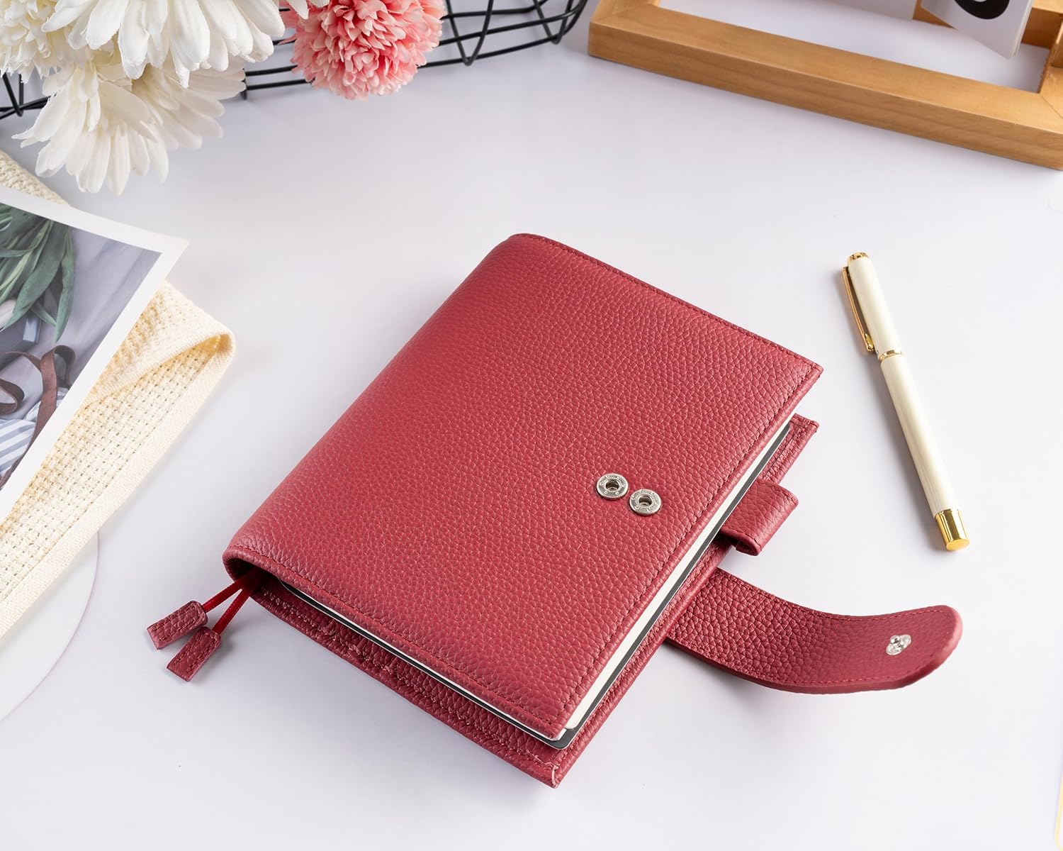 Genuine Leather Cover for A6 Notebooks, Fits Hobonichi Techo Original,Midori MD Planners, Leuchtturm1917 and Stalogy with Pen Loop, Card Slots, Side Pockets, Back Pocket and Bookmarks (Red)