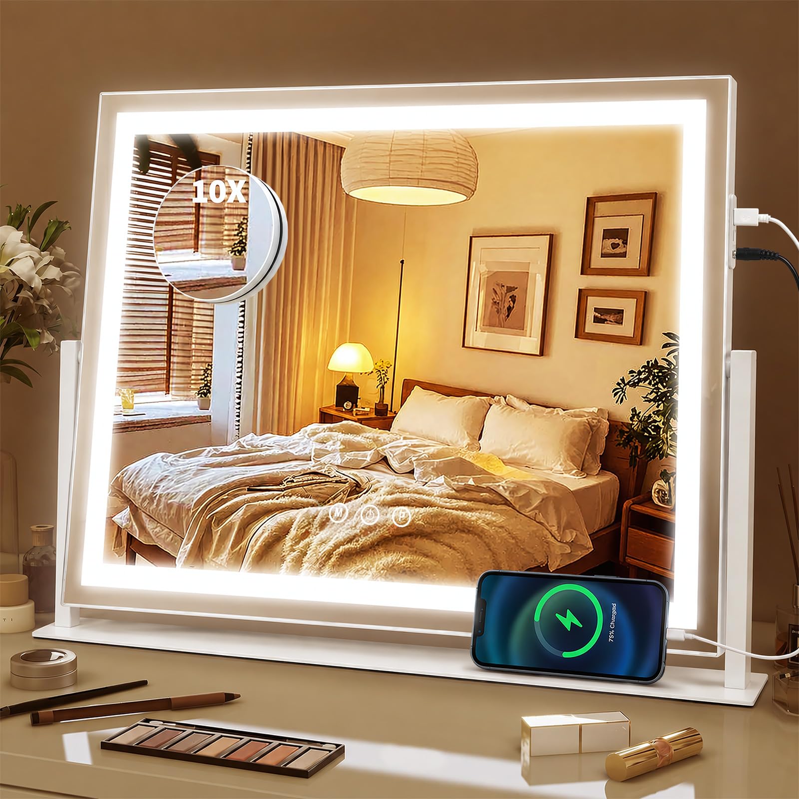 Tuocal Hollywood Vanity Mirror with Lights, 55×40cm Lighted Makeup Mirror with 15 Dimmable Led Bulbs, 3 Lighting Modes, 360° Rotation USB and Type-C Output Port Smart Touch Screen Control for Bedroom