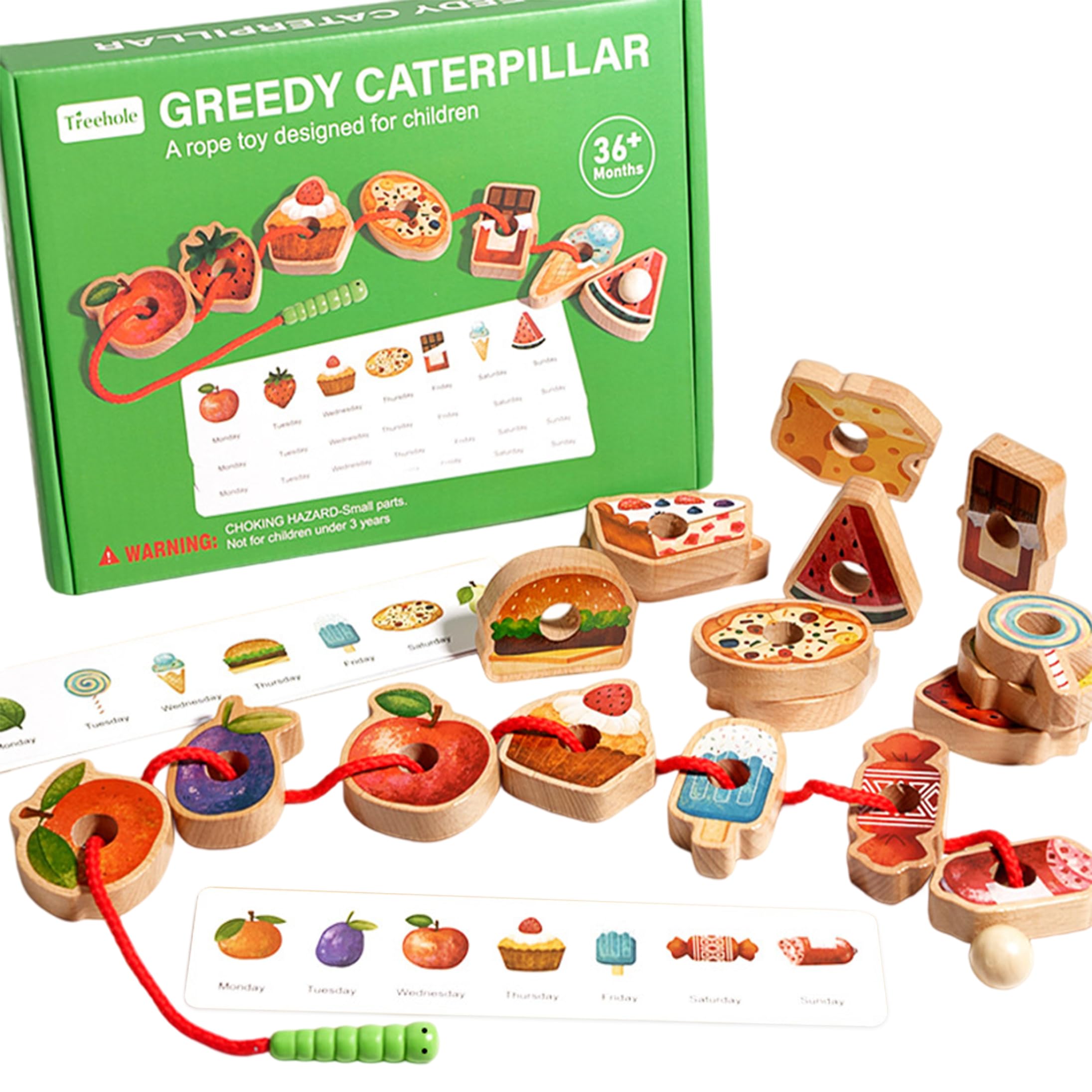 Wooden Greedy Caterpillar Lacing Toy, Educational String Beaded Toys, Fruit & Vegetable Caterpillar Lacing Bead String Game, Montessori Threading Stringing Toys for Interactive Learning for 3+