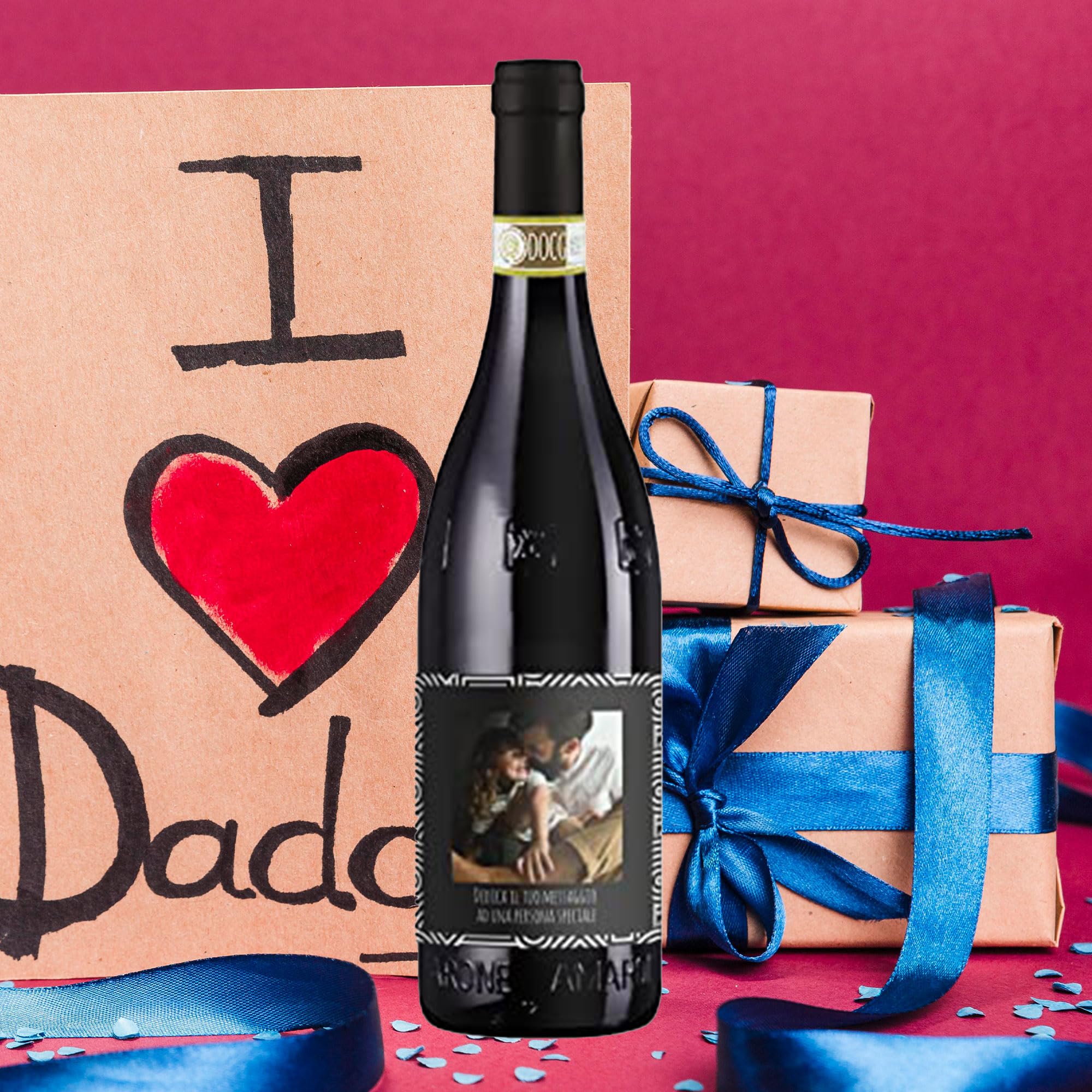 Bottiglia di Amarone della Valpolicella DOCG con etichetta personalizzata - Idea regalo esclusiva e originale per uomo, festa del Papà, festa del Nonno, compleanno e Natale. (Foto e Testo)