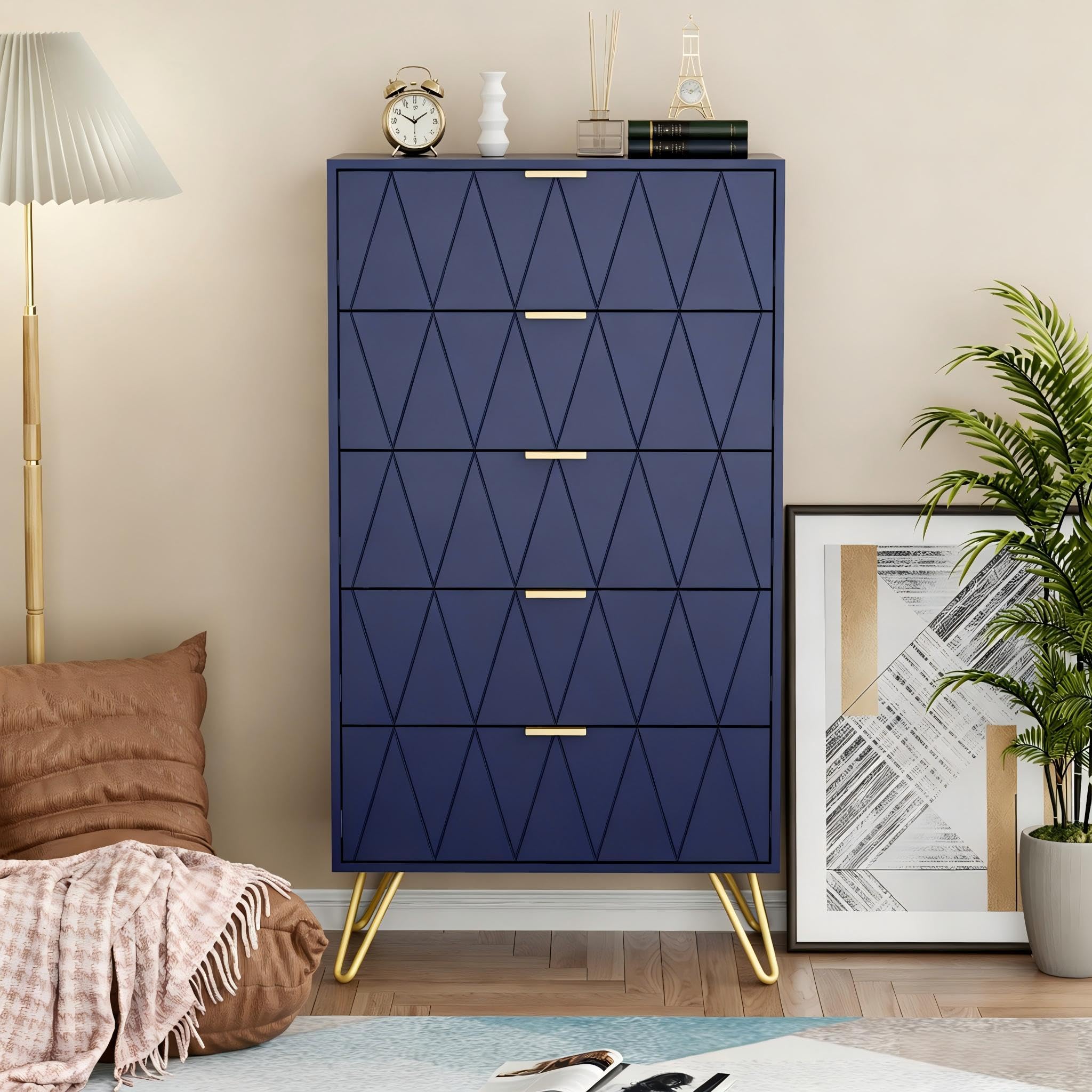 UEV Commode, Commode de Rangement à 5 Tiroirs, Style Moderne Scandinave, Manches et Pieds en Couleur Dorée, Commode Étroite pour Salon, Chambre, Couloir, 60 x 34 x 110 cm, Bleu