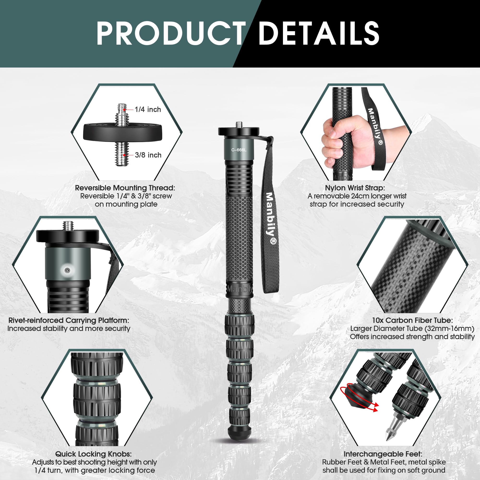 Manbily C-666L 32mm Einbeinstativ Carbon für Kameras 44cm-174cm Kohlefaser Monopod Stativ DSLR Reise-Einbeinstativ 6 Abschnitte Wanderstöcke Max. 15KG, 1/4 & 3/8 Zoll für Videokamera