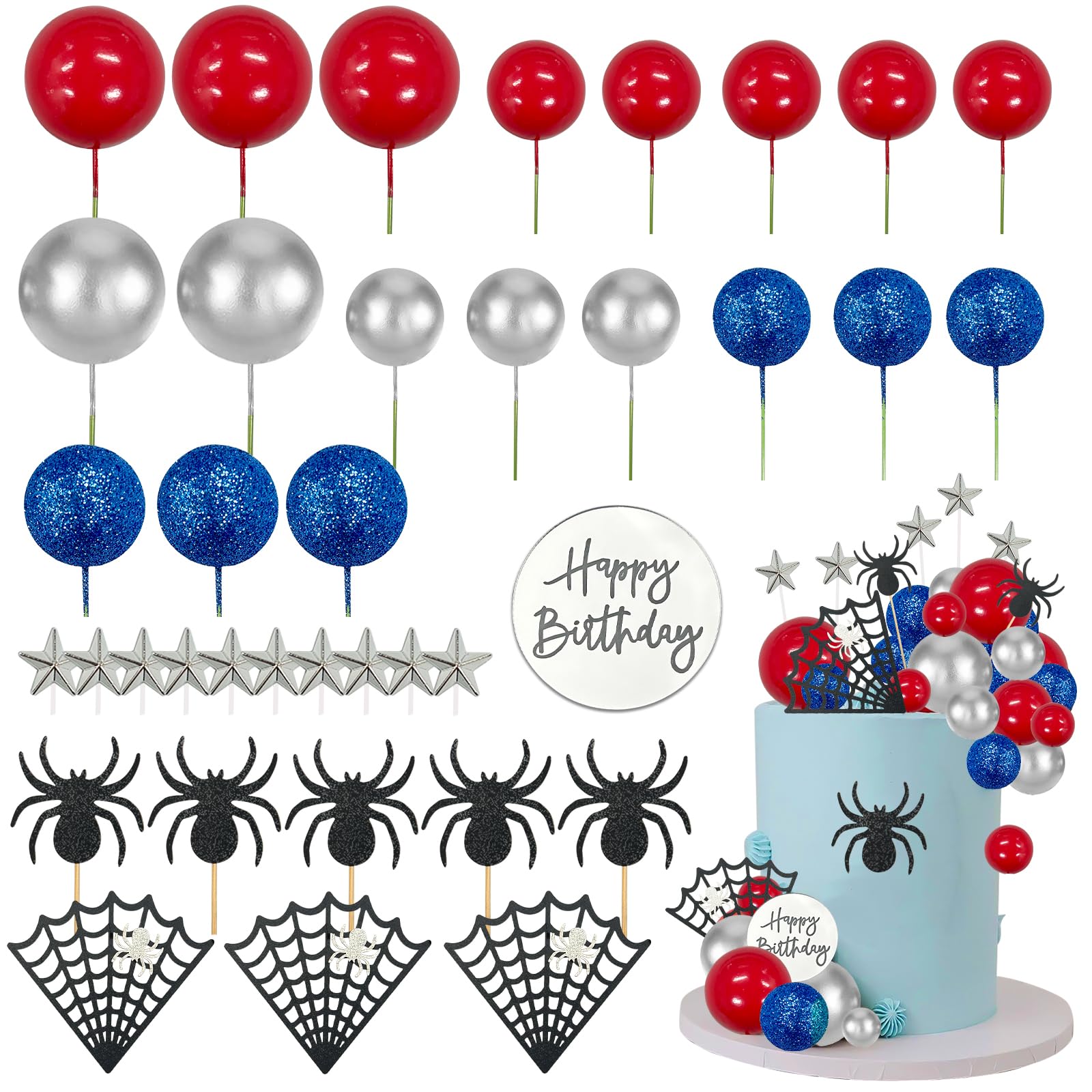 Morofme Spider Cake Topper Spider Web Cupcake Decorations Spiders Theme Cake Decor Glitter Happy Birthday Toppers Stars Red Silver Blue Balls Cupcake Topper for Boys Men Baby Shower Party Supplies