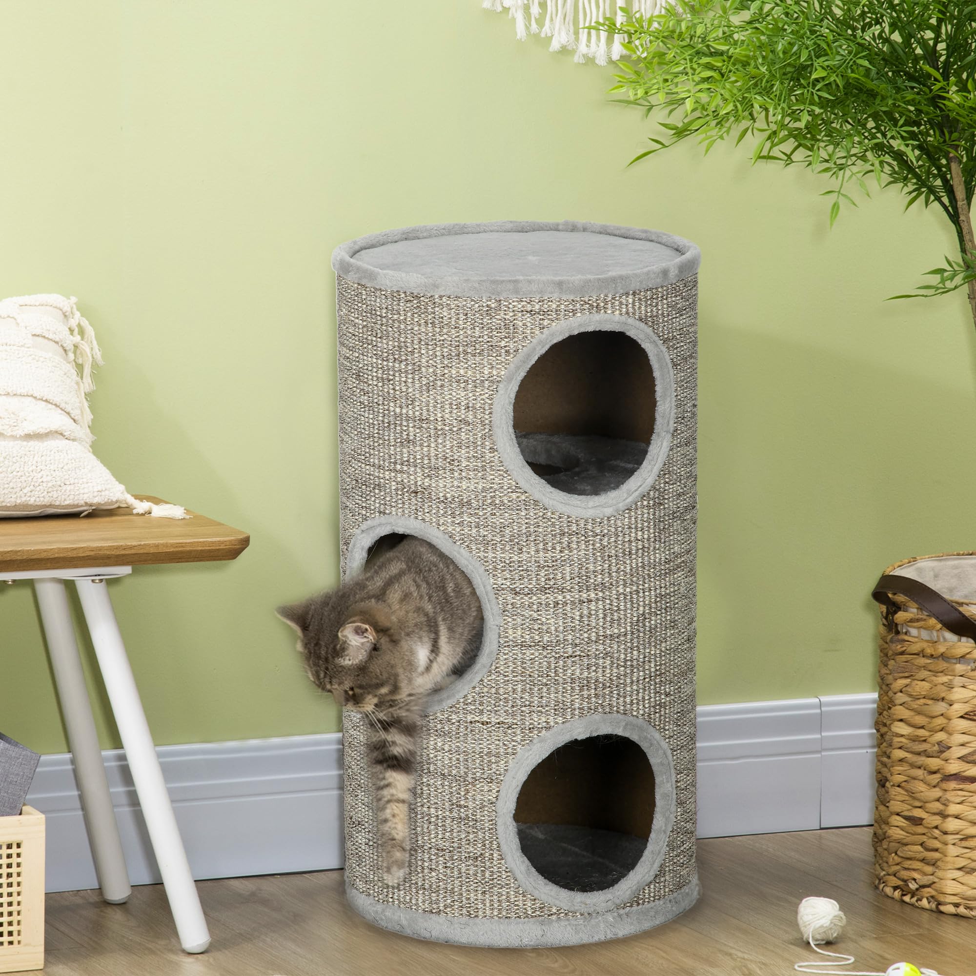 PawHut Barril Rascador para Gatos de 3 Niveles Torre Rascador para Gatos con 3 Entradas y Cubierta de Sisal Ø38x70 cm Gris Claro