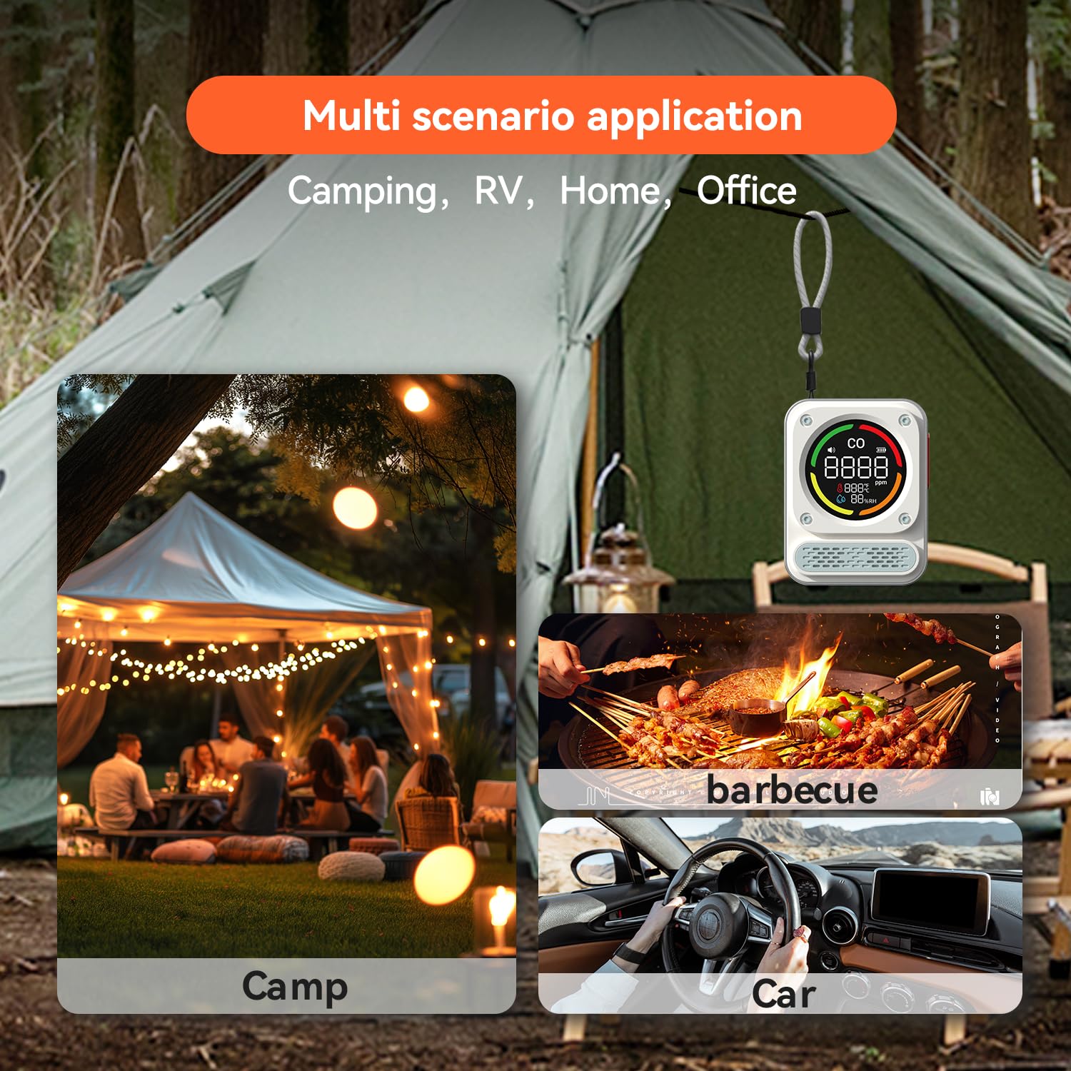 Tragbarer Kohlenmonoxid Melder, 3-in-1 wiederaufladbarer CO Melder mit 10-Jahre-Sensorlebensdauer, 200 Stunden Arbeitszeit für Reisen Camping, Zelt, Wohnmobil, Wohnmobil, Zuhause, Küche