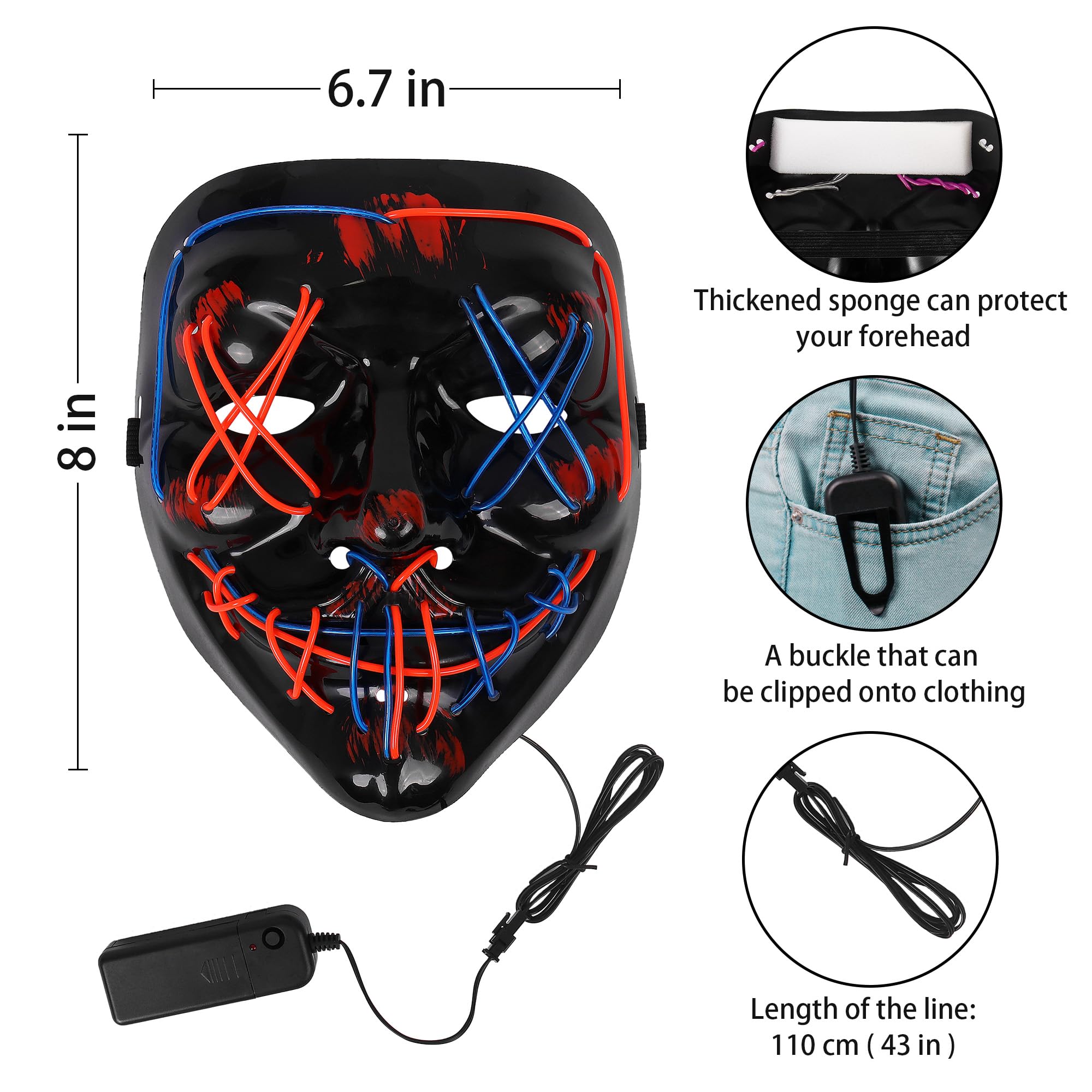 2 sztuki masek na Halloween, świecące maski oczyszczające LED, kostium cosplay dla mężczyzn i kobiet, straszna twarz, na imprezę, karnawał, prezent, 2 szt
