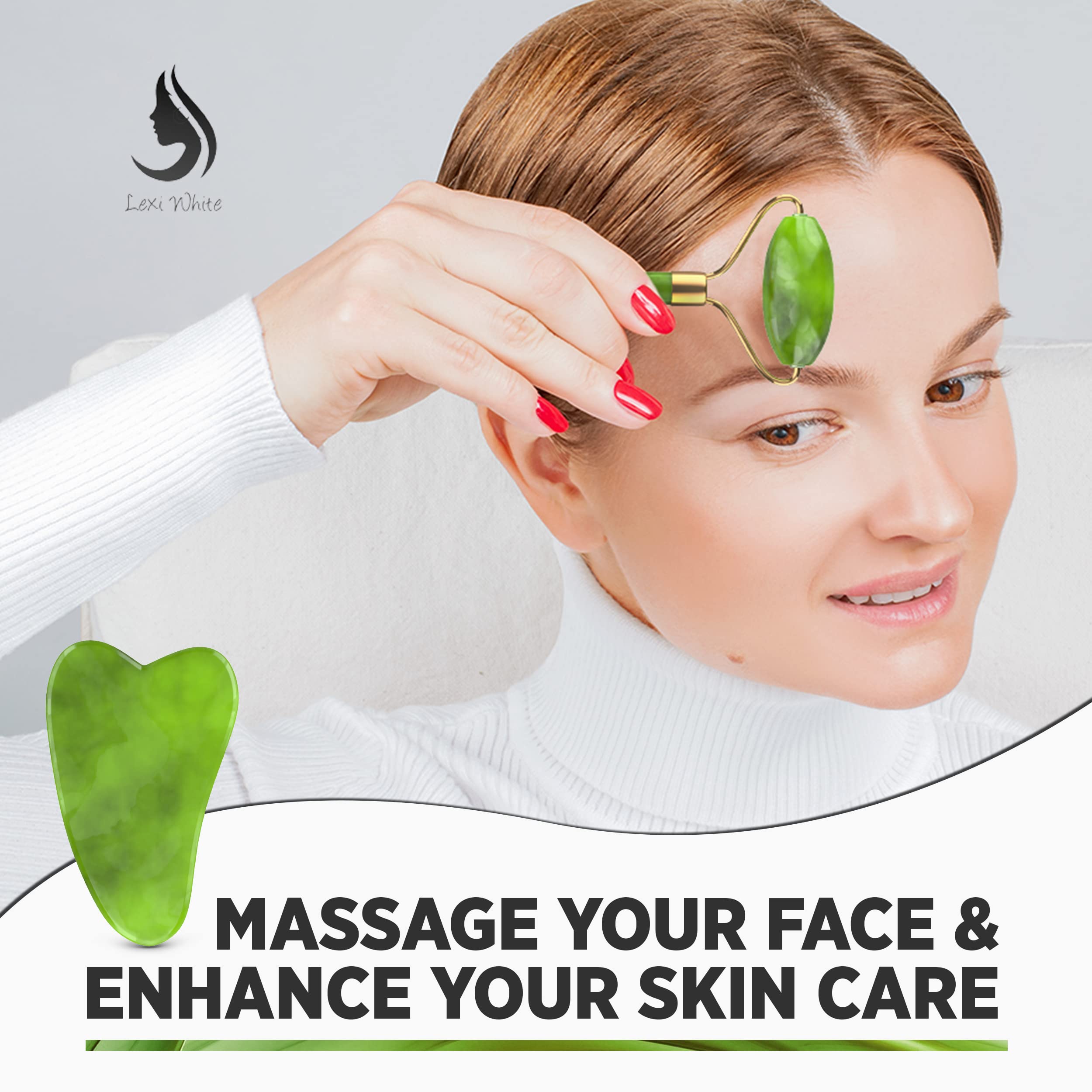 Jade Roller and Gua Sha Set for Face 100 Authentic Natural Jade Gua