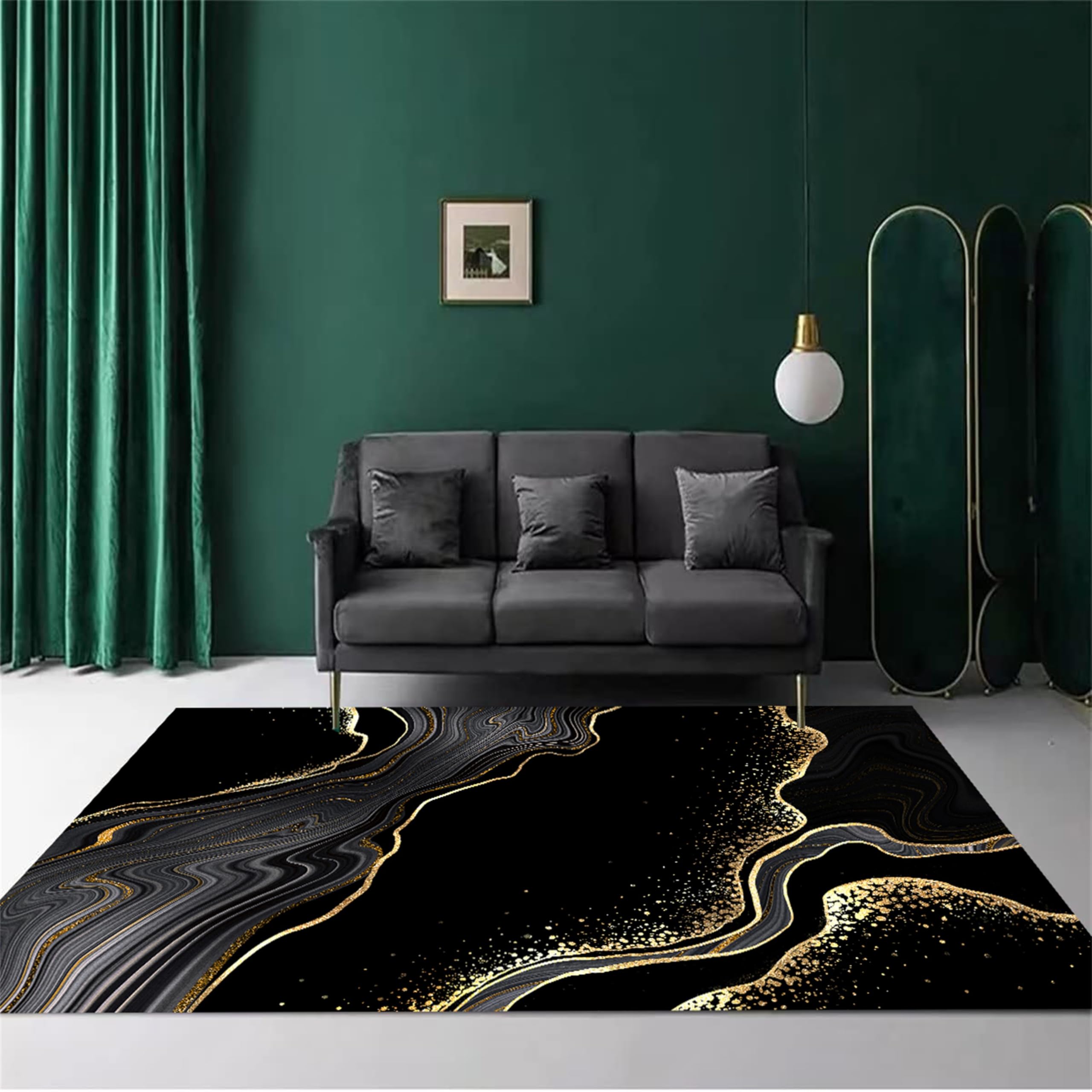 AOESELN Modern Luxury Black Gold Marble Area Rug,Washable Non-Slip Abstract Design for Indoor Outdoor Soft Lightweight Carpet for Modern Home Decoration Area Rugs 160x200cm
