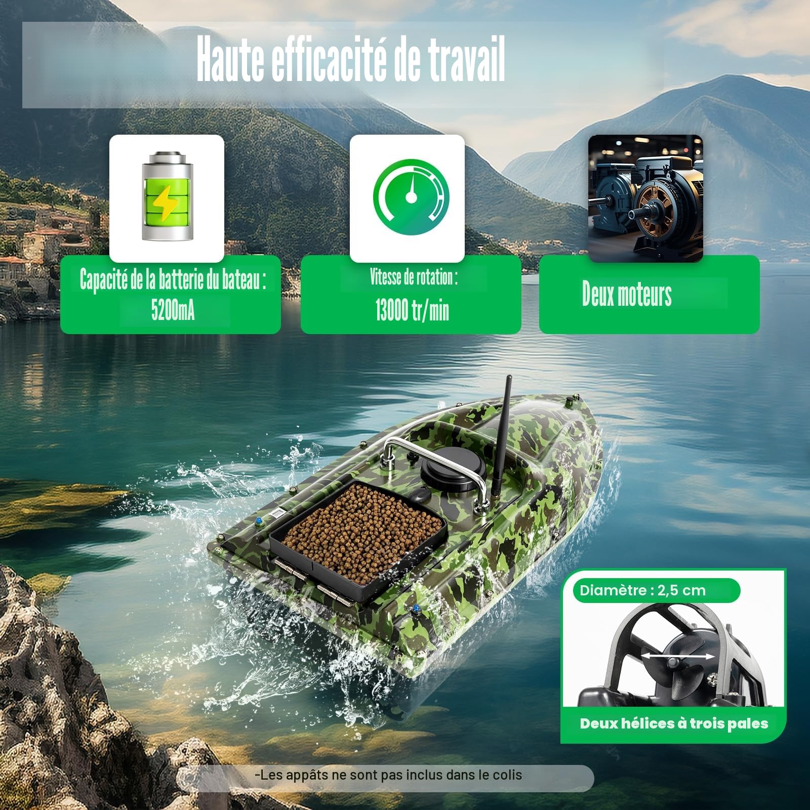 Bateau télécommandé de 500 m avec échosondeur et GPS, capacité de charge de 1,5 kg, pour la pêche de nuit et la fonction de croisière automatique (camouflage)