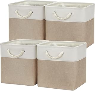 4 Pack Cube Storage Bins Cloth Baskets for Shelf, Fabric Storage Cubes 12 x 12 Baskets Gift Empty Toy Baskets for Kids, Dog Toy Baskets for Storage (White&Khaki)