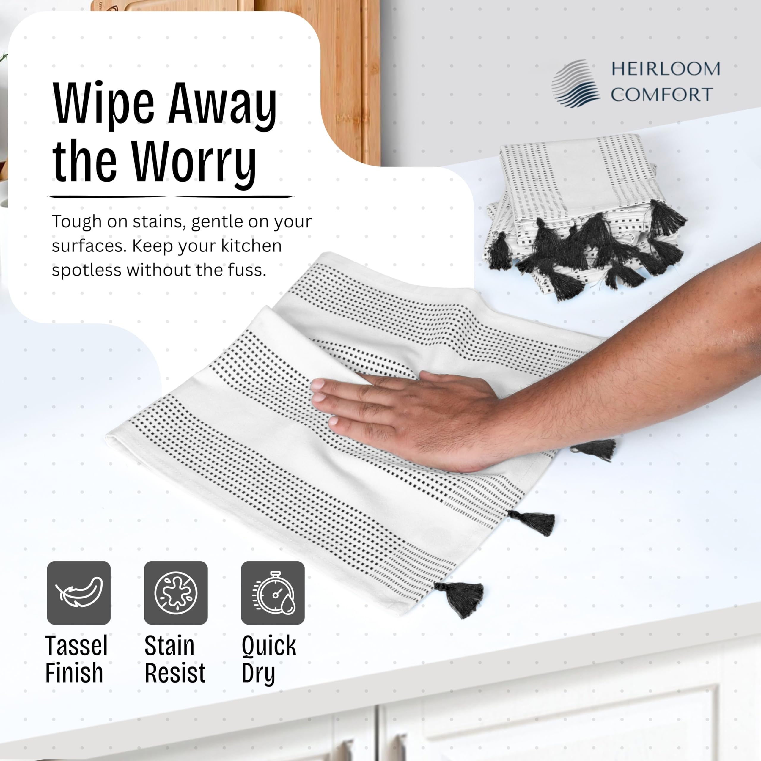 Toallas de cocina decorativas negras de 40 x 66 cm, paquete de 5, ultra absorbentes, suaves, 100 % algodón con borlas, secado rápido para limpiar, secar platos y uso diario